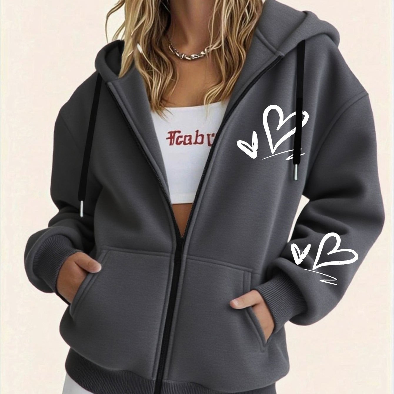 TEMU Women's Cozy -lined Hooded Zipper Sweatshirt With Heart Print, Long Sleeve Pocket Hoodie - 100% Polyester Winter Warm Sweater, Casual Winter