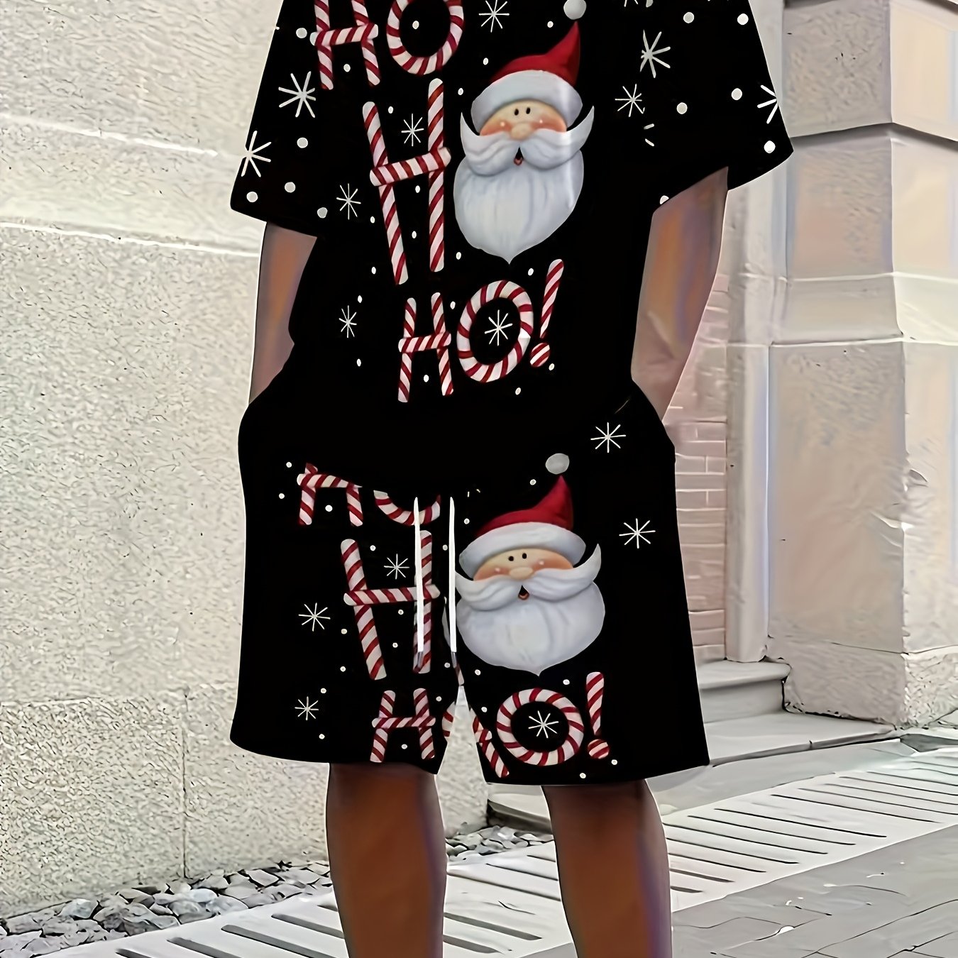 TEMU 2pcs Men's Santa & Snowflake Print Christmas Pajama Set - Matching T-shirt & Shorts With Candy Cane Stripes, Elastic Waist & Drawstring,
