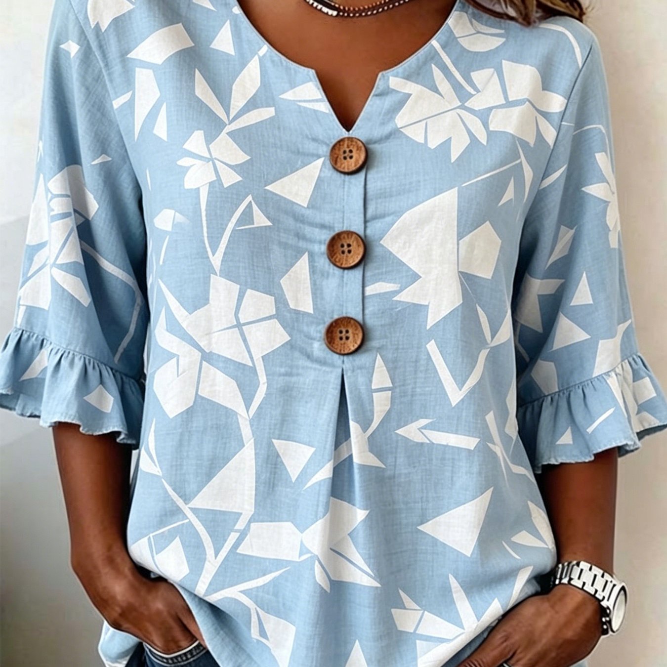 Women's V-neck Button-up Geometric Print Blouse Shirts - Casual 3/4 Sleeve Tops For Spring Summer Outfits