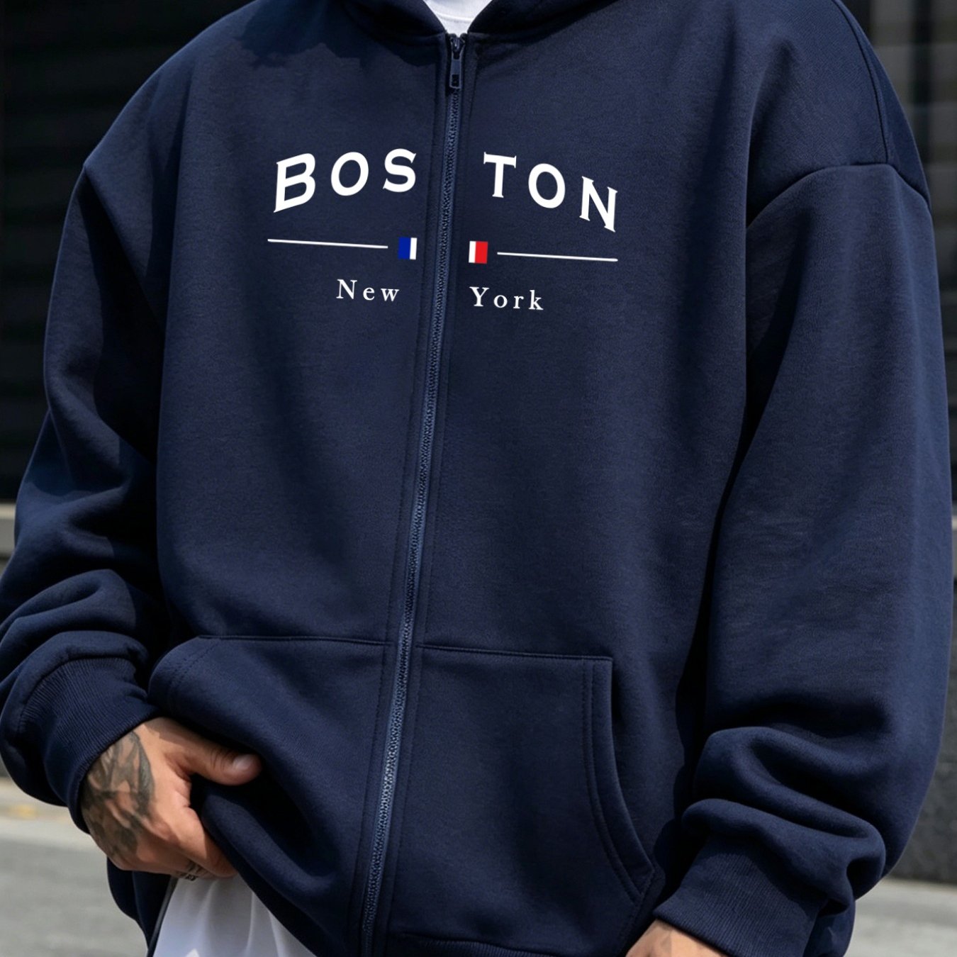 TEMU 2026 's Sweatshirt Casual Fashion Versatile Style Zip-up Hooded Sweater Individual Boston And Graphic Pattern Print - Casual Pullover Kangaroo