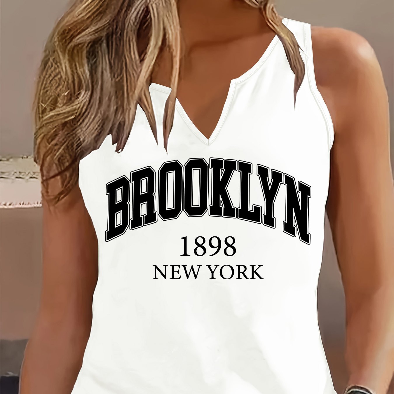 TEMU Fashionable Letter Print V-neck Sleeveless Tank Top | Casual Versatile Summer Top, Regular Length
