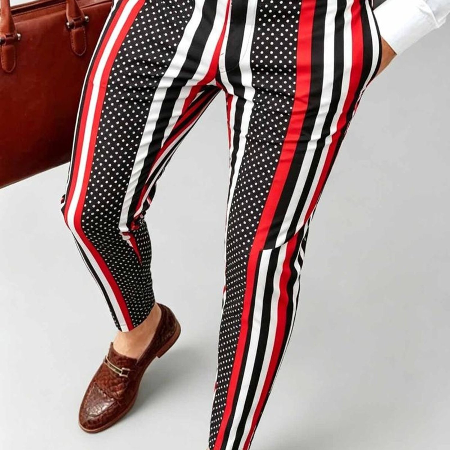 Image of Men's Business Dress Pants, Mixed Color Polka Dot , Multiple Sizes , Stylish Office Trousers, Brown Belt & Briefcase Matching Look