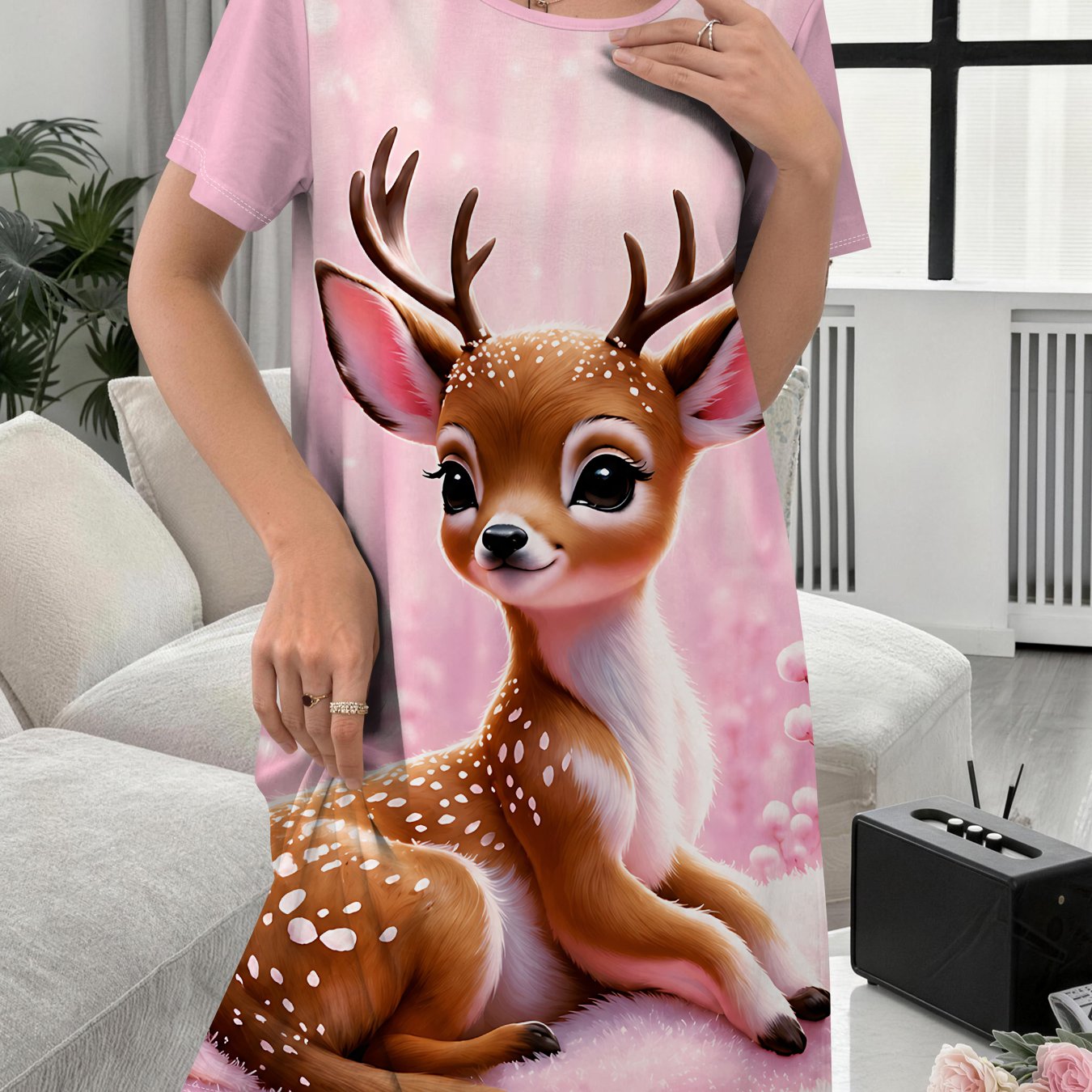 TEMU Halloween Women's Casual For Home Nightgown, Pink Deer Cartoon Casual Nightgown, Comfortable For , Ladies' Nightdress, Elegant Women's Clothing