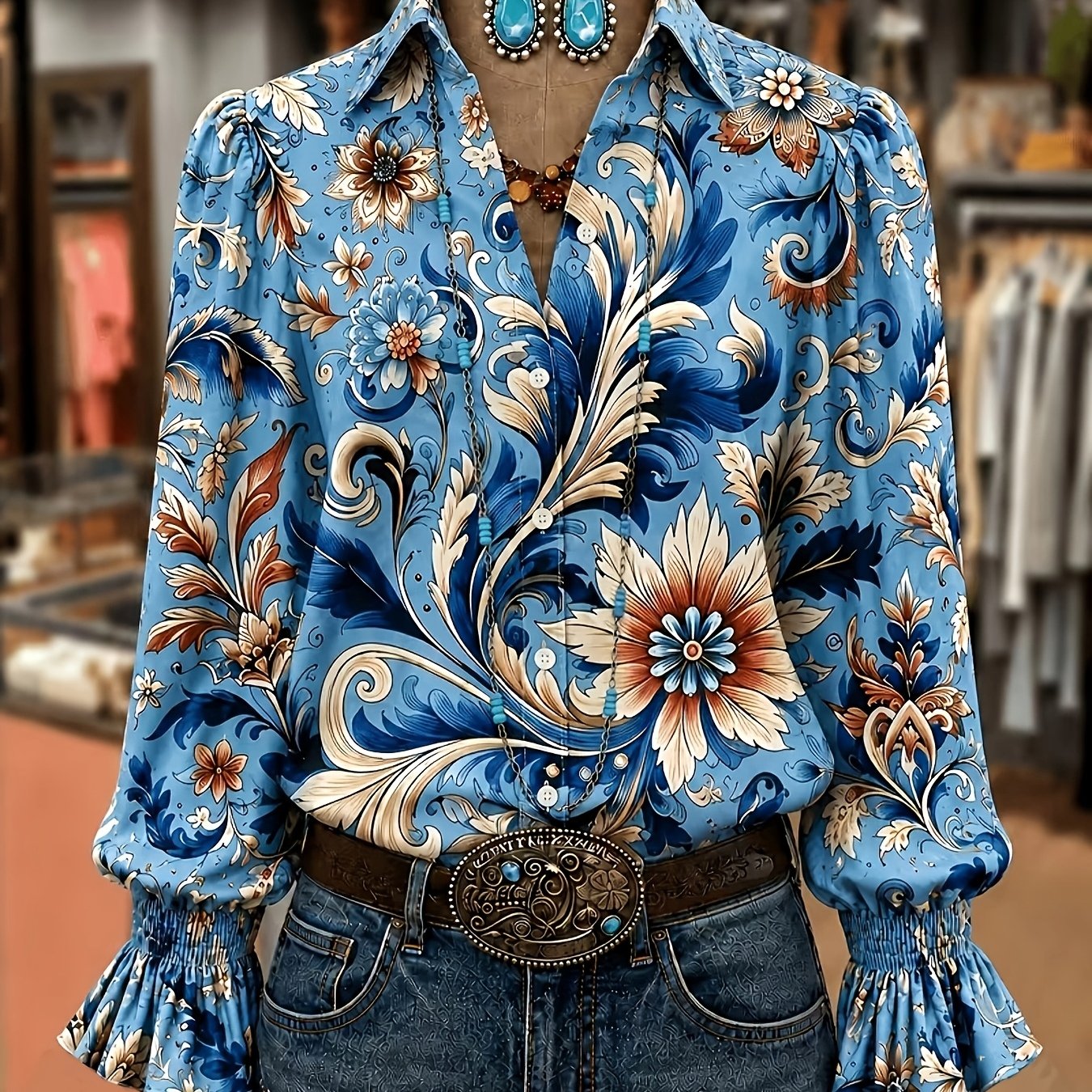 TEMU Elegant Women's Vintage Print Shirt For Spring, Summer, And Autumn, Featuring Vibrant Floral Prints And Flared Sleeves, Suitable For Travel,