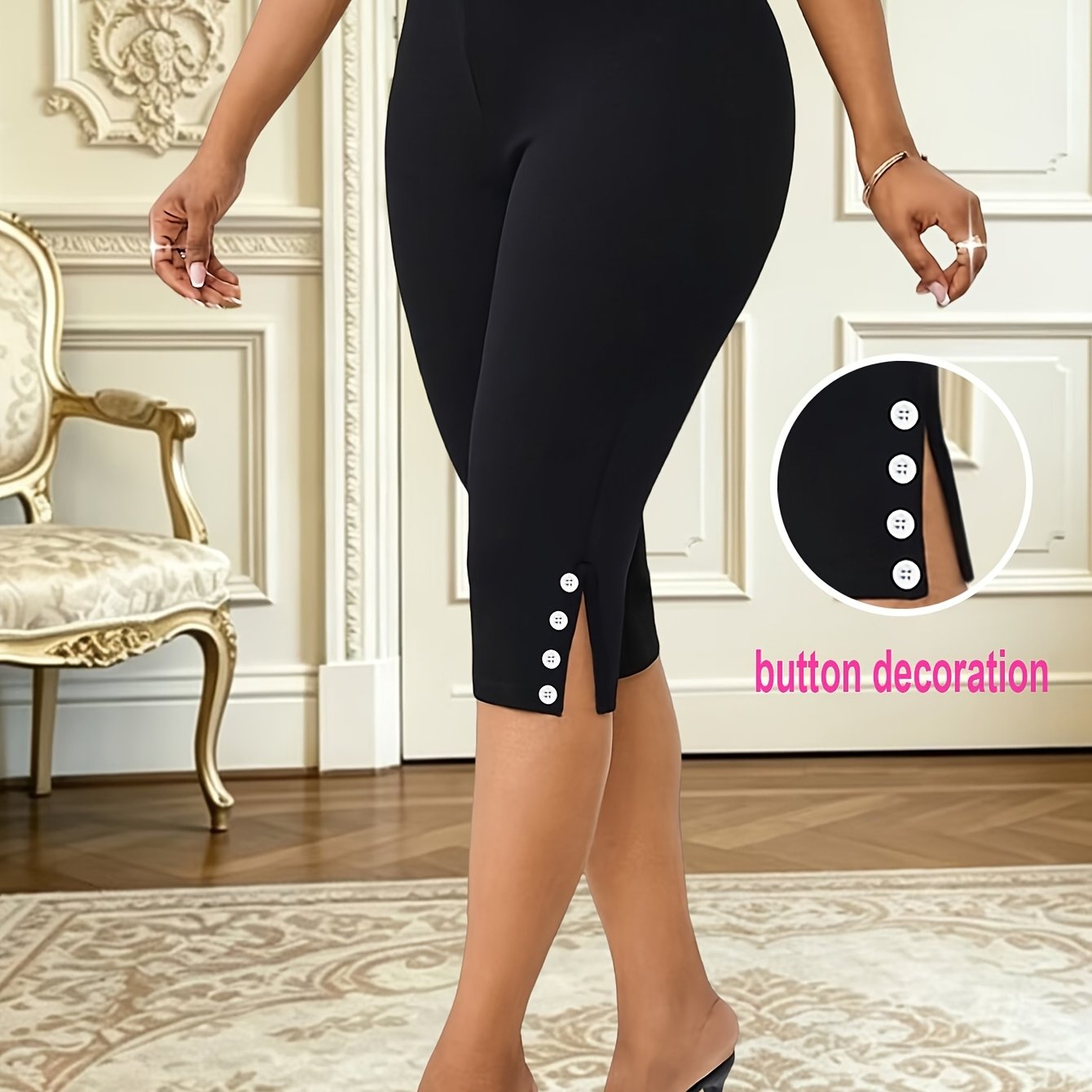 TEMU Pantaloni corti da donna con cuciture elasticizzate, vestibilit� slim, leggings casual con decorazioni a bottoni