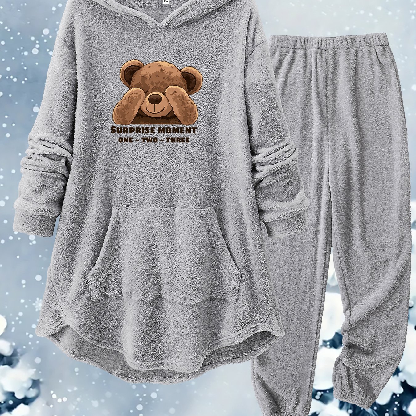 TEMU Plus Size, Autumn/winter Plus-size Casual Hooded Set With Doll Bear Covering Eyes Text Print, Thick Plush Loungewear Set, Pants With Elastic