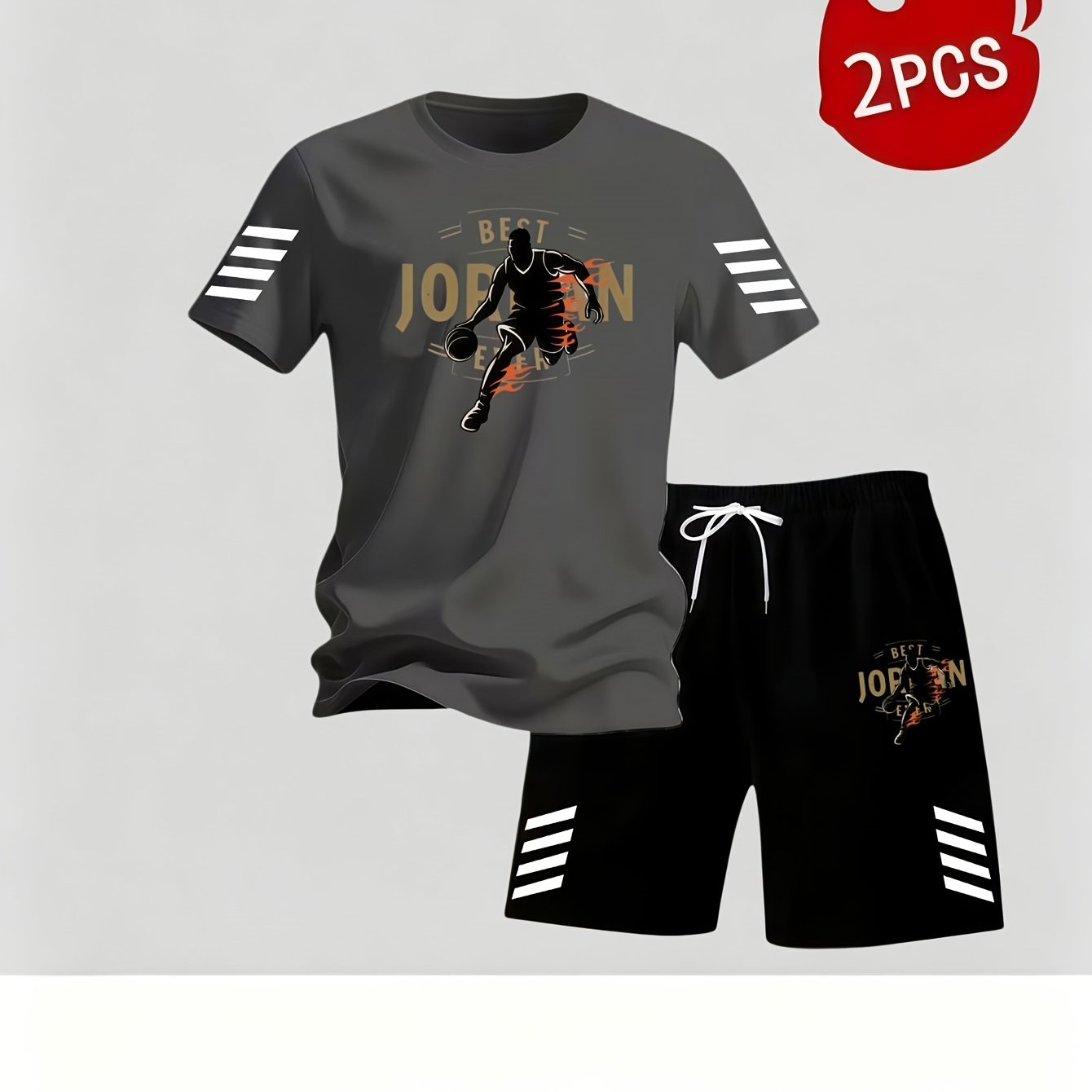 TEMU Men's Casual Athletic Short Sleeve And Shorts 2pcs Set, Easy Individual Letter Print Short Sleeve T-shirt And Loose Drawstring Shorts,