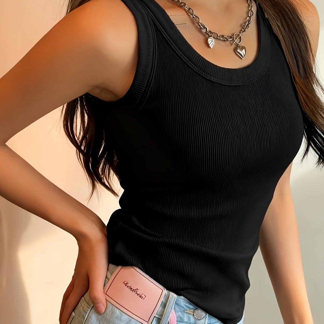 TEMU Ladies' Elegant Casual Ribbed Vest - Sleeveless Round Neck Summer Top, Solid Color And Versatile Style Suitable For Daily Or Formal Occasions,
