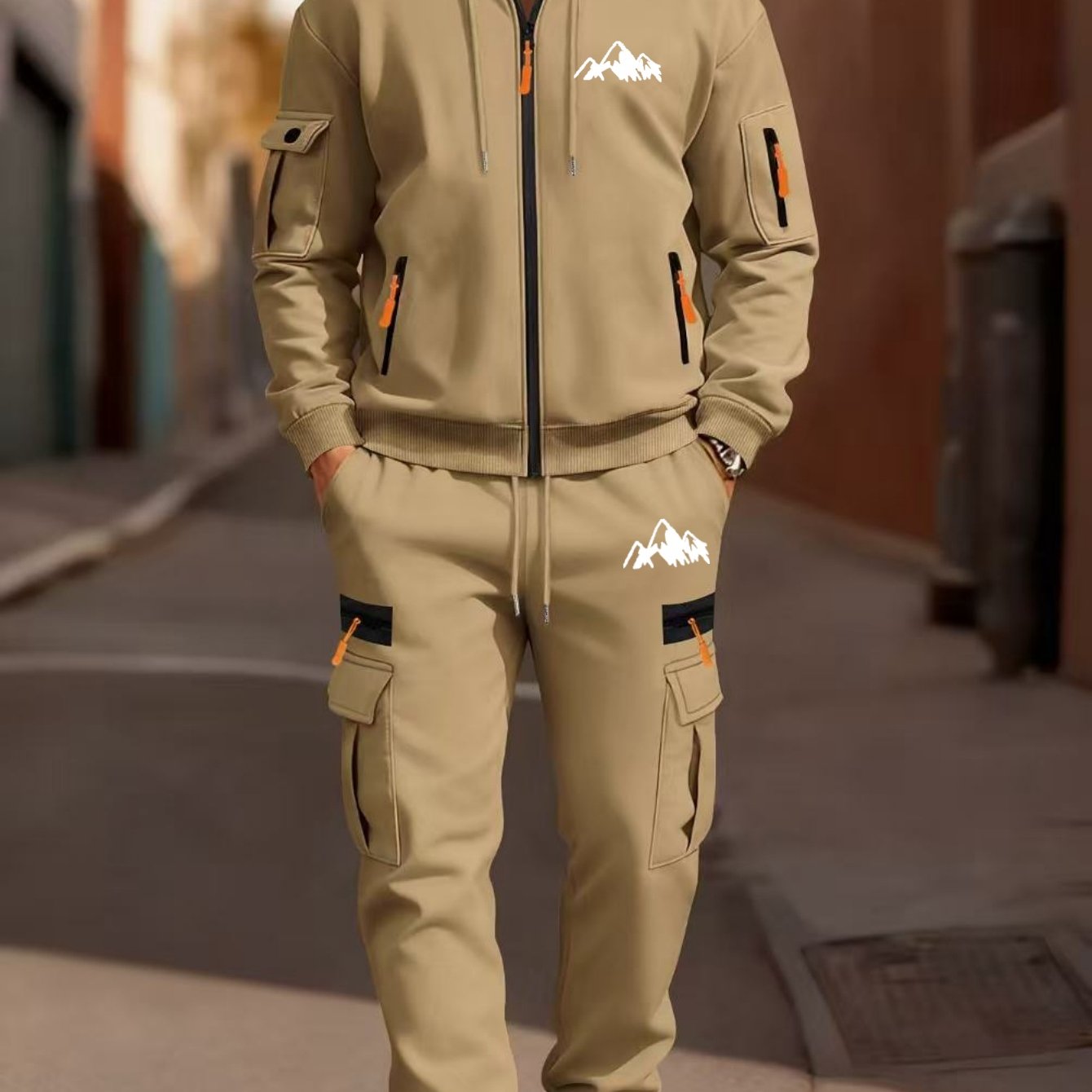 TEMU Men's Printed Hooded Cardigan Sweatshirt And Sporty Casual Cargo Pants 2pcs Set