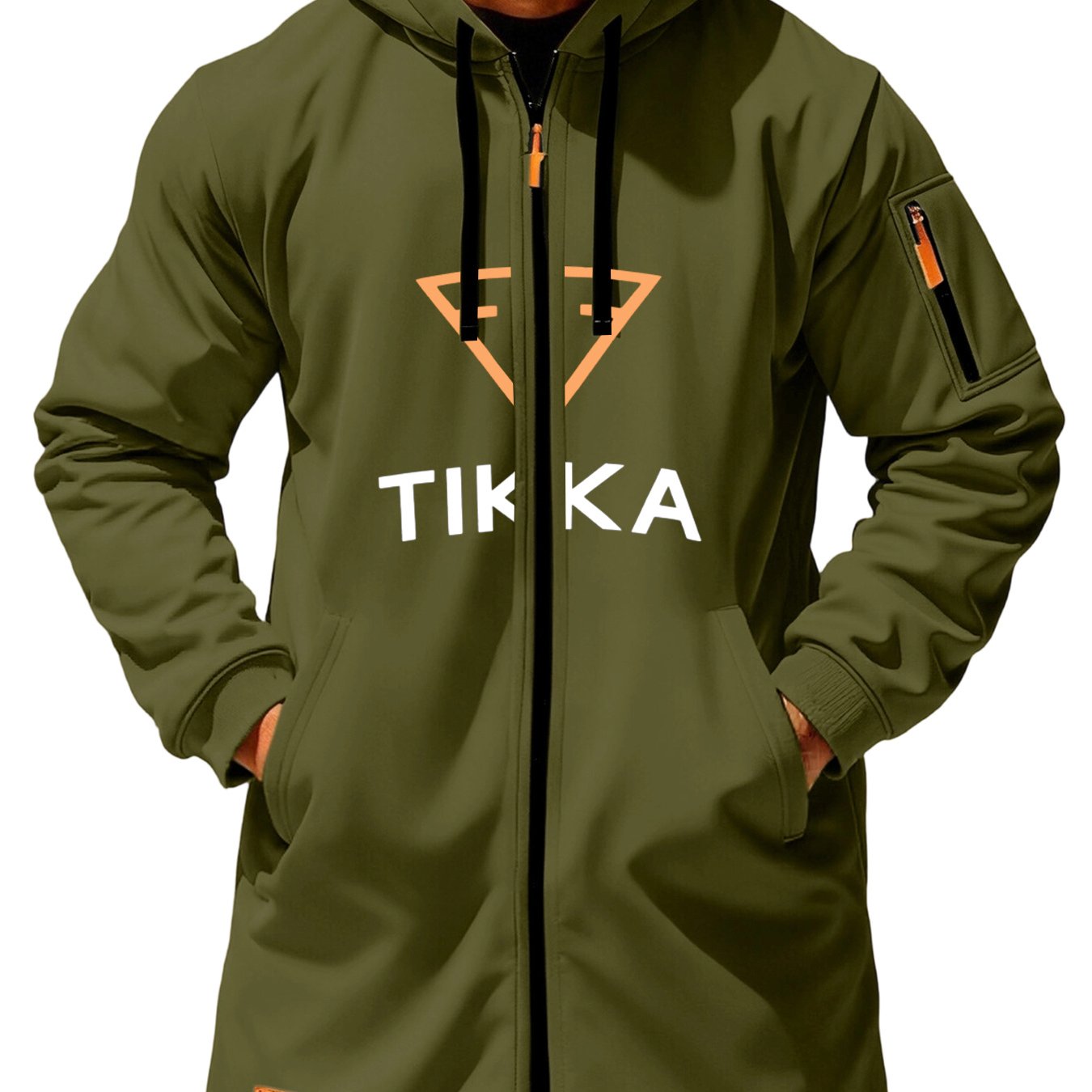 TEMU Men's Hooded Long Trench Coat With Tikka Theme Print Side-seamed Zipper Pocket And Leather Label Drawstring Hooded Loose Cut
