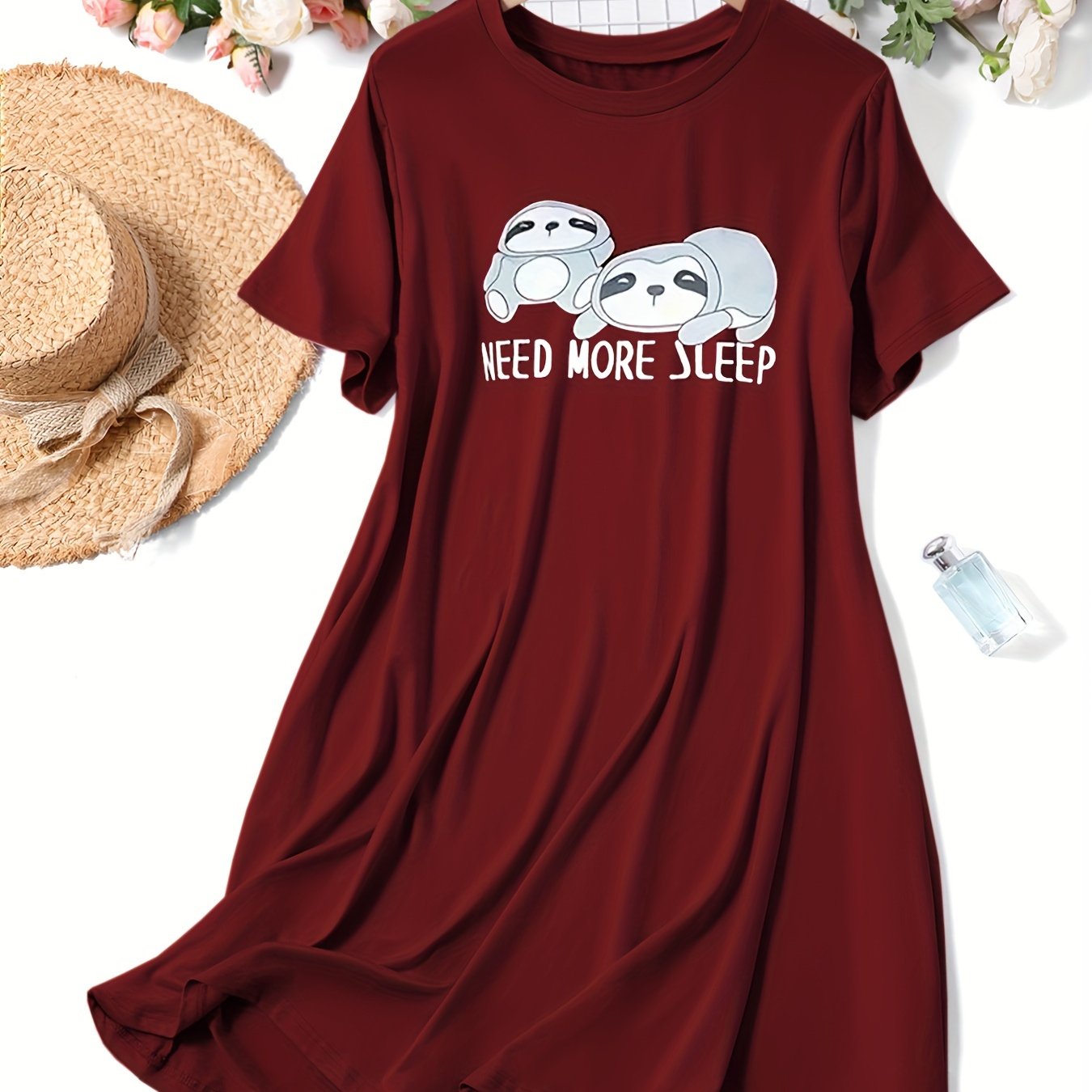 TEMU Women's Plus Dress, Plus Size Cartoon Sloth & Letter Print Short Sleeve Round Neck Dress