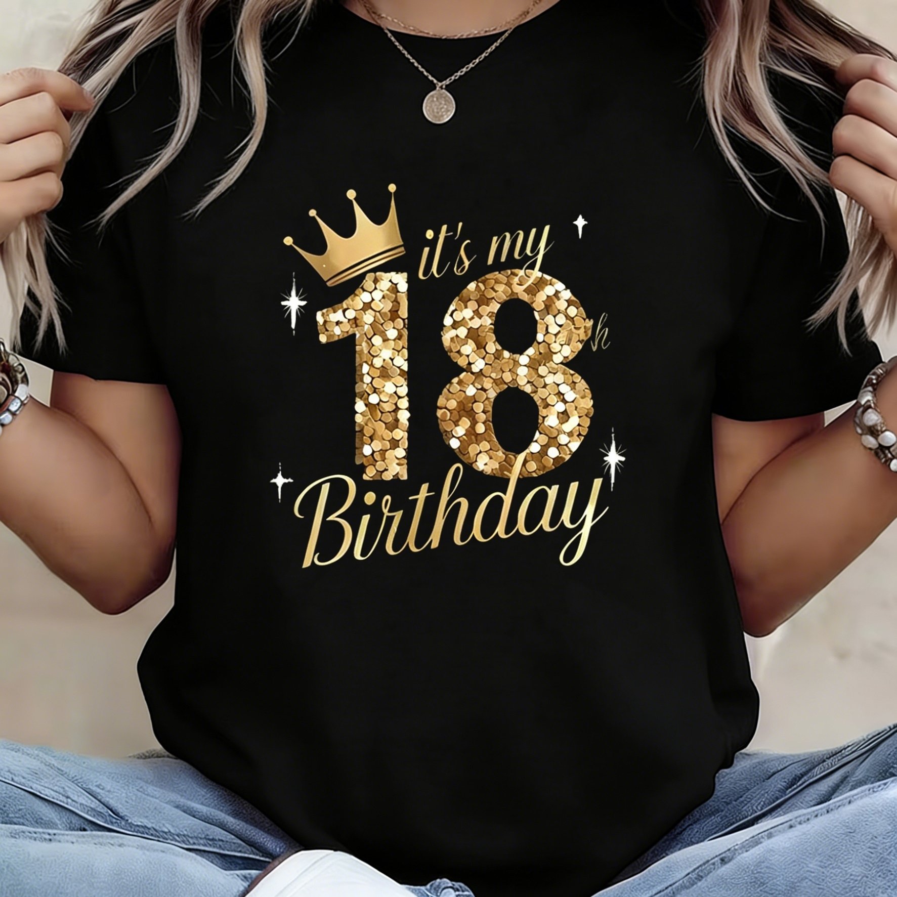 TEMU Women's 18th Birthday T-shirt Suitable For Spring Summer Fall - & " My 18th Birthday" Glitter Print Round Neck Short Sleeve Top, Soft Breathable
