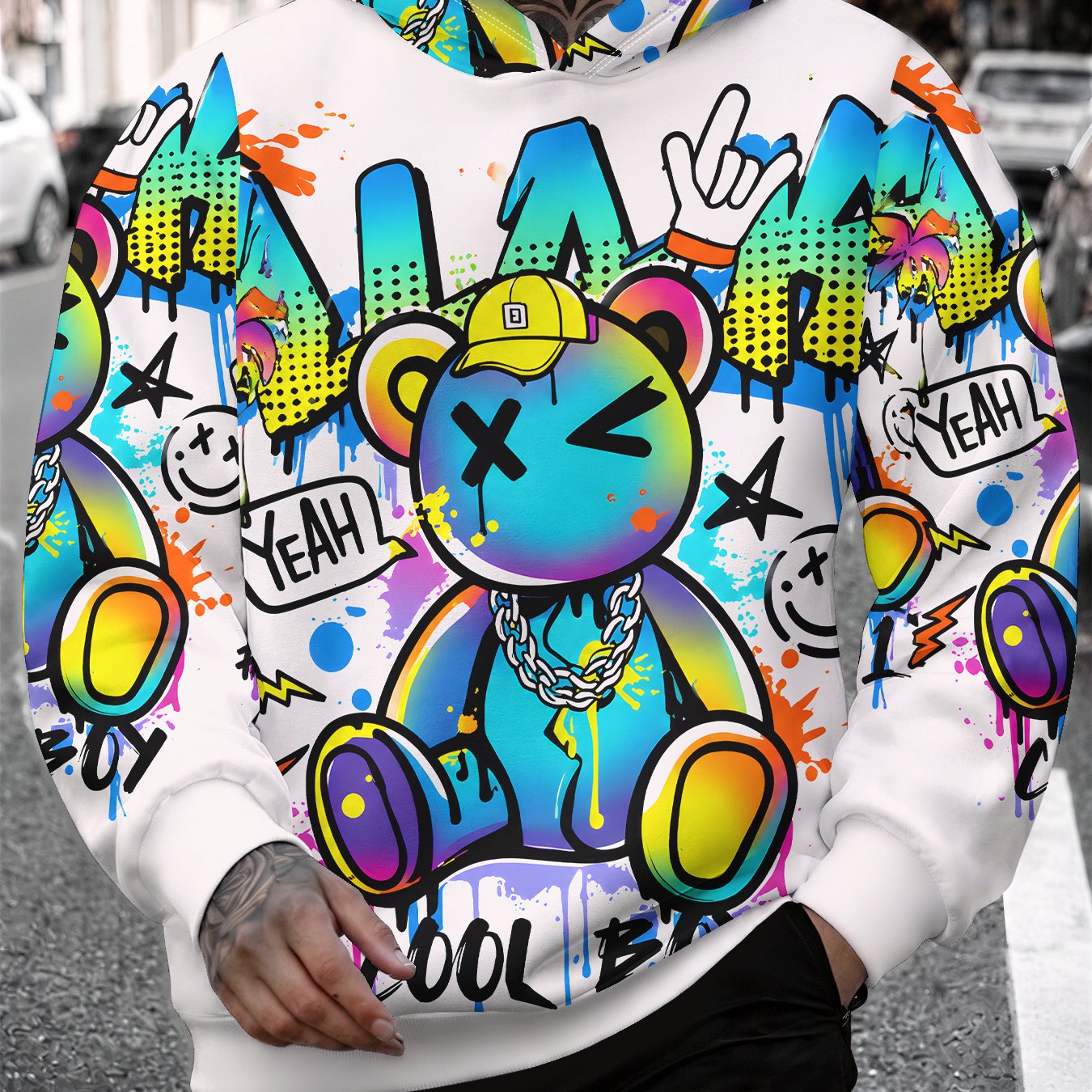 TEMU Men's Graffiti Style Cartoon Bear Printed Long Sleeve Casual Hoodie, Trendy Printed Hooded Jacket, Sport Fashion Style, Spring And Autumn Top
