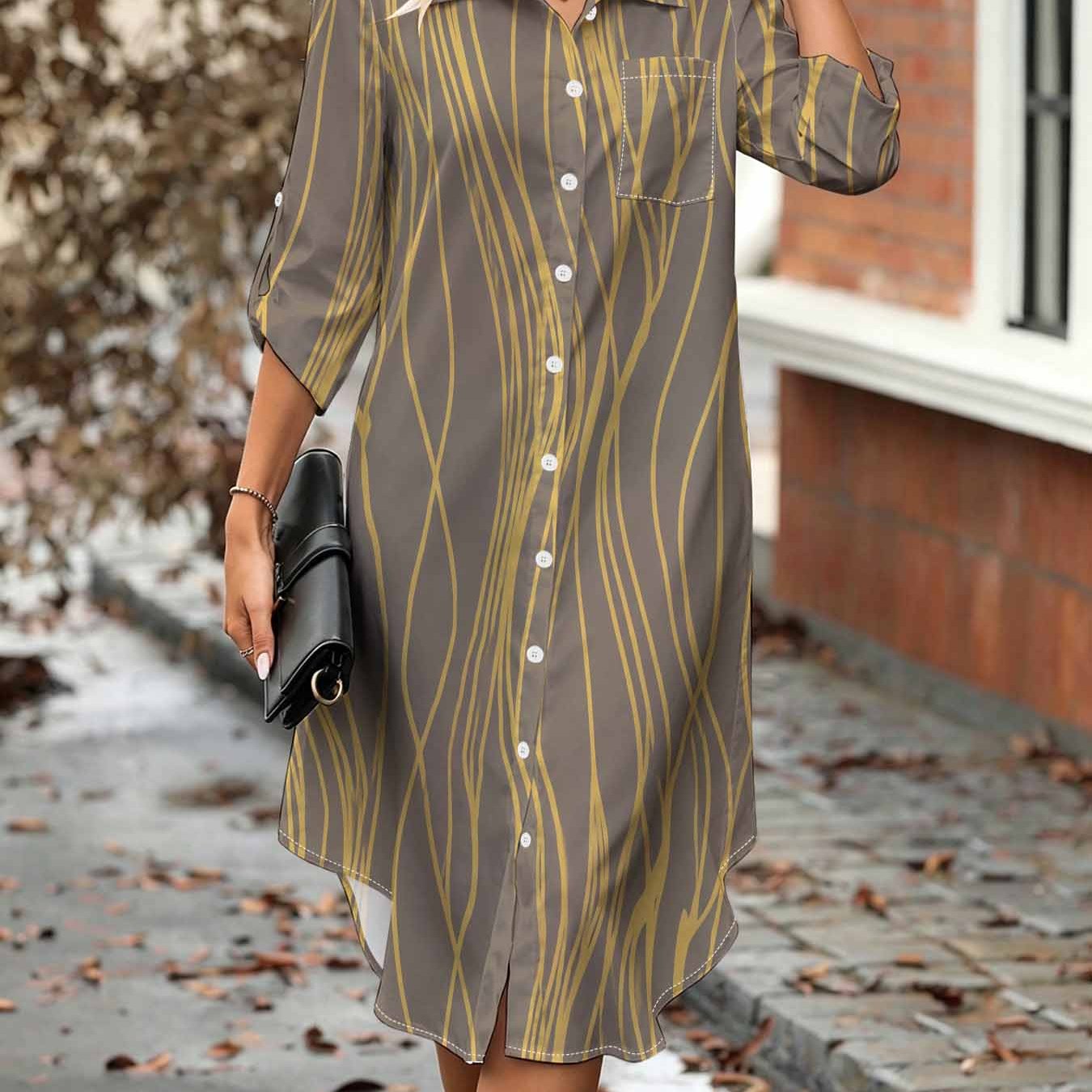 Image of Plus Size Women's Abstract Print Shirt Dress, Button- Collar, Aline Mid-length With 3/4 Sleeves, Collar And Buttons, Elegant Shirt Dress With Chest