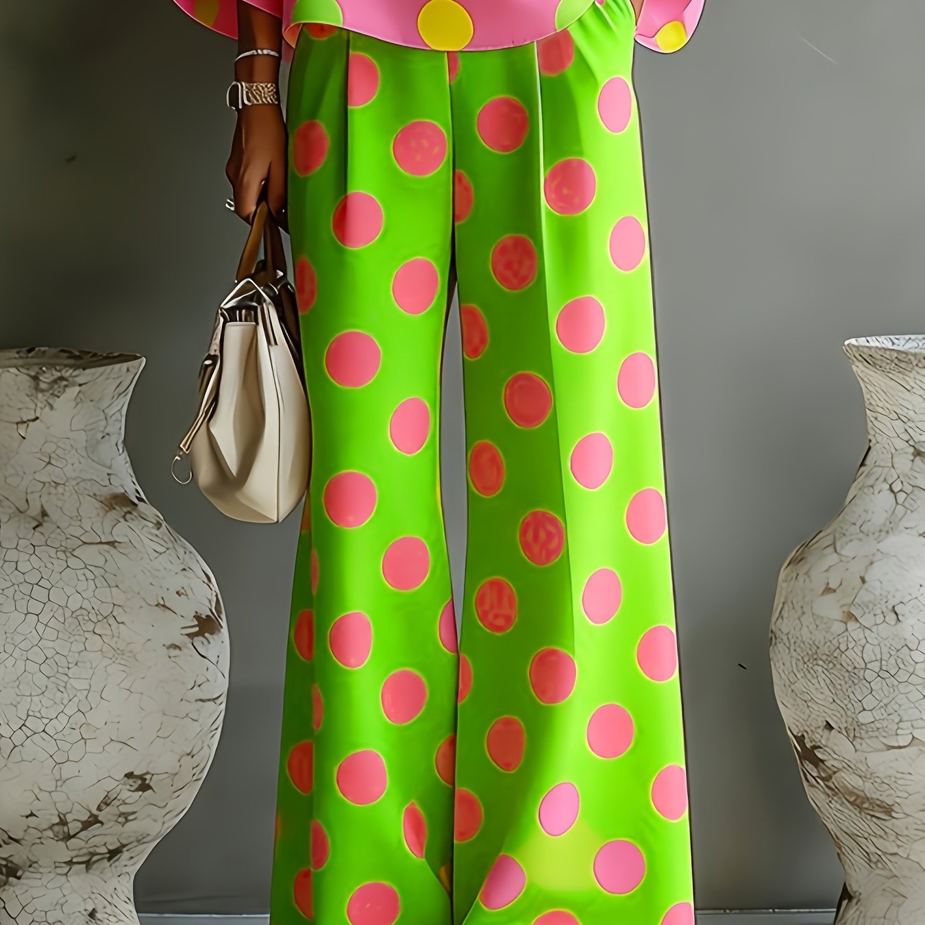 TEMU Casual And Simple Polka Dot Print Straight-leg Trousers With Elegant Charm, Fashionable And Minimalist Printed Pants For Women