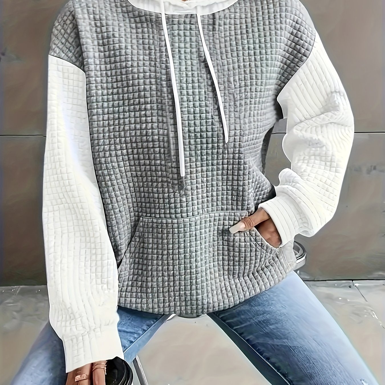 Image of Autumn/winter European And Trendy Wide Fit Casual Loose Color Block Pullover Hooded Versatile Sweatshirt Jacket For Women