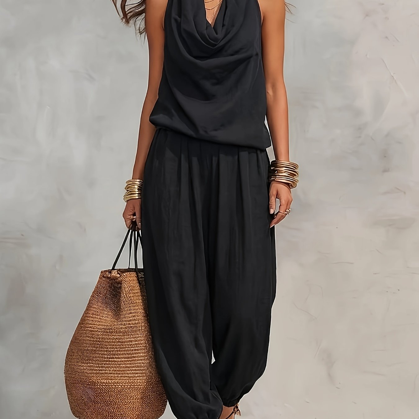 TEMU Damen Vintage Schwarzes Neckholder Puffärmel Top und Harem Hose mit Falltasche, lockere und entspannte Passform, und Temperamentfördernd,