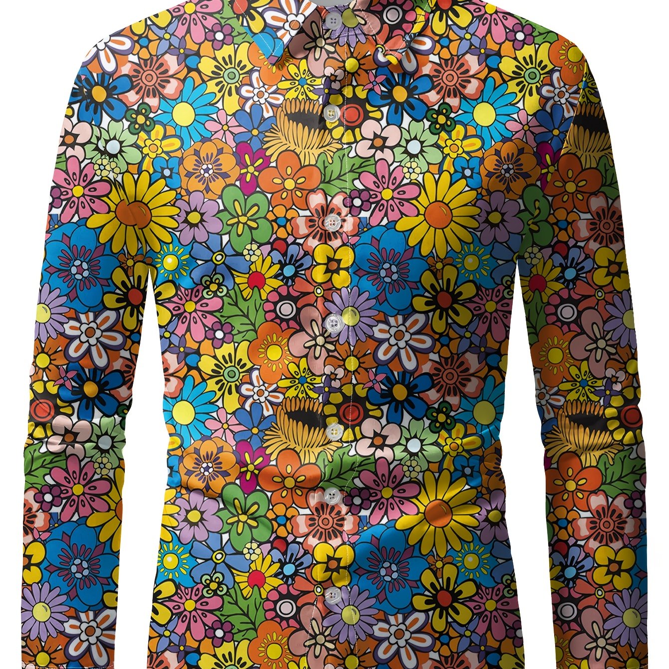 TEMU Men's 1970s Retro Disco Hip-hop Floral Print Long Sleeve Shirt - Vibrant Color Button-up Casual Party Wear, Machine Washable Regular Fit With