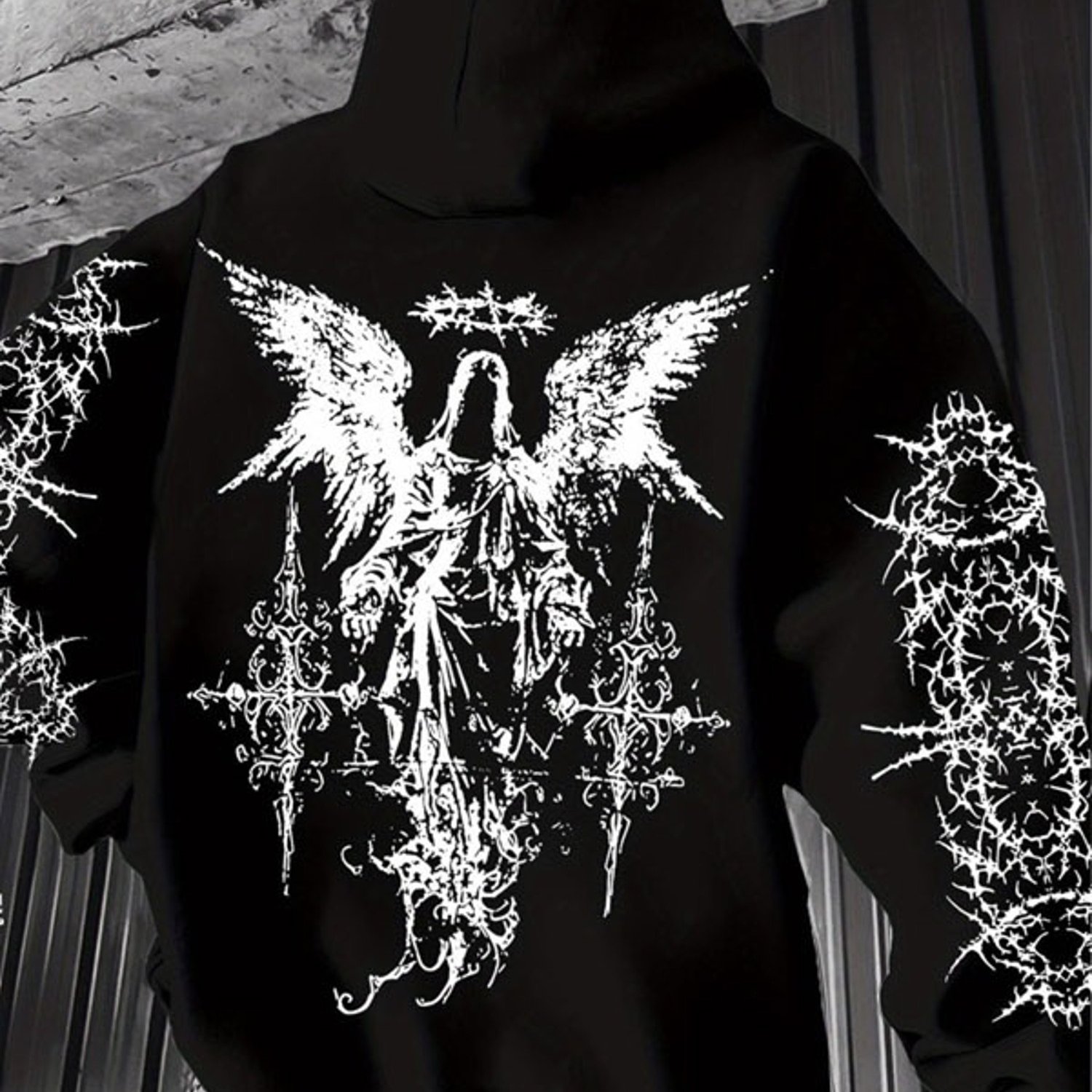 Men's Polyester Black Hoodie, Comfortable Breathable Pullover With Intricate Gothic Wing Graphic Print, Multiple Sizes , Perfect For Daily Casual Wear And Outdoor Activities