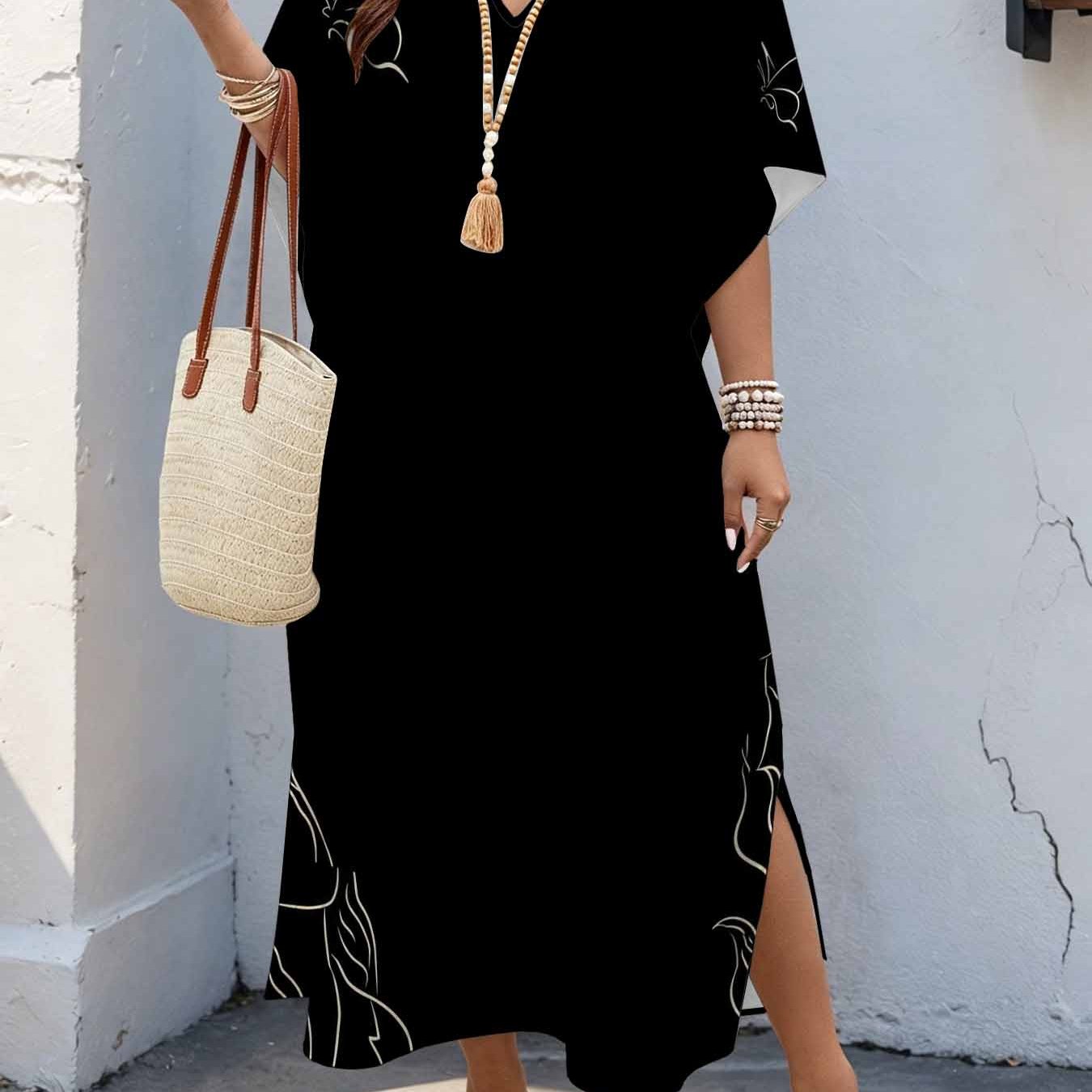Image of Plus Size, Plus Size Women's 08xl Minimalist Elegant Style, And Floral Line Art Print Maxi Dress, Batwing Sleeve Dress With Double Side Slits, Loose Casual Summer Dress For Curvy Women