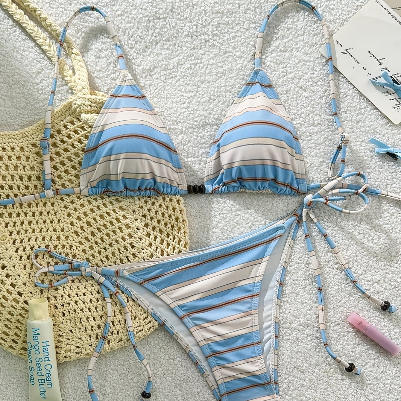 TEMU Summer Women's 2pcs Beach Casual Blue And White Striped Print Brown Beaded Halter Neck Sexy Bikini Swimsuit Set