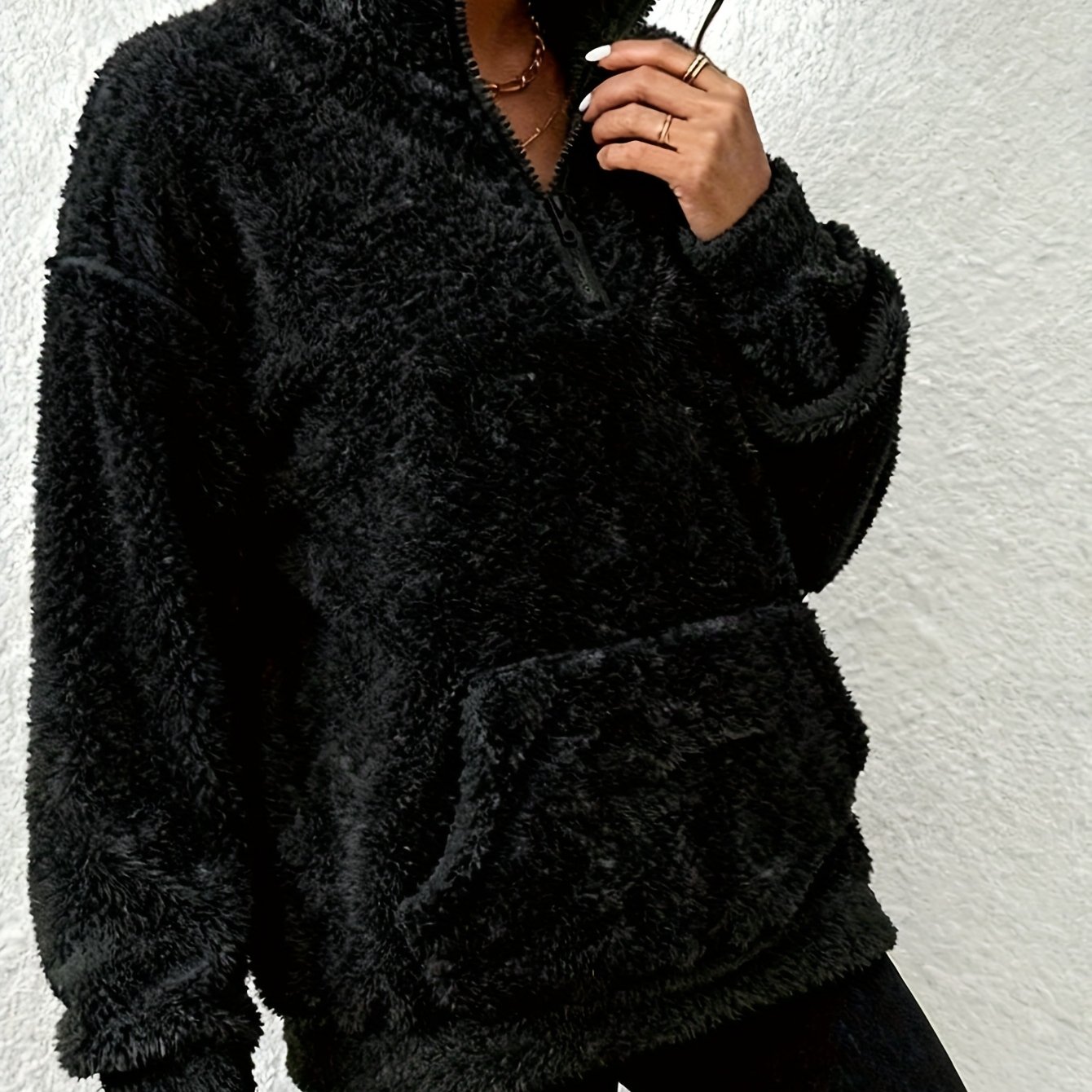 E-shop Neuer Damen-Teddy-Sweatshirt, halber Reißverschluss mit offenem Ausschnitt, langärmeliges Oberteil mit überschnittenen Schultern ,