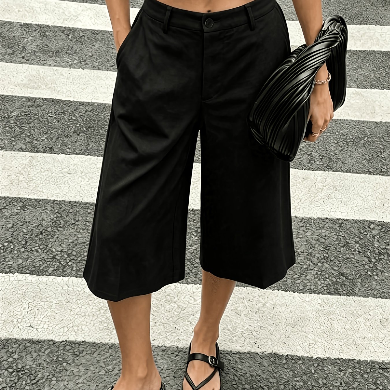 TEMU Minimalist Casual Shorts For Women, Solid Color , Thin Lightweight Women's Capri Wide-leg Pants, Elegant And Fashionable For Daily Wear,