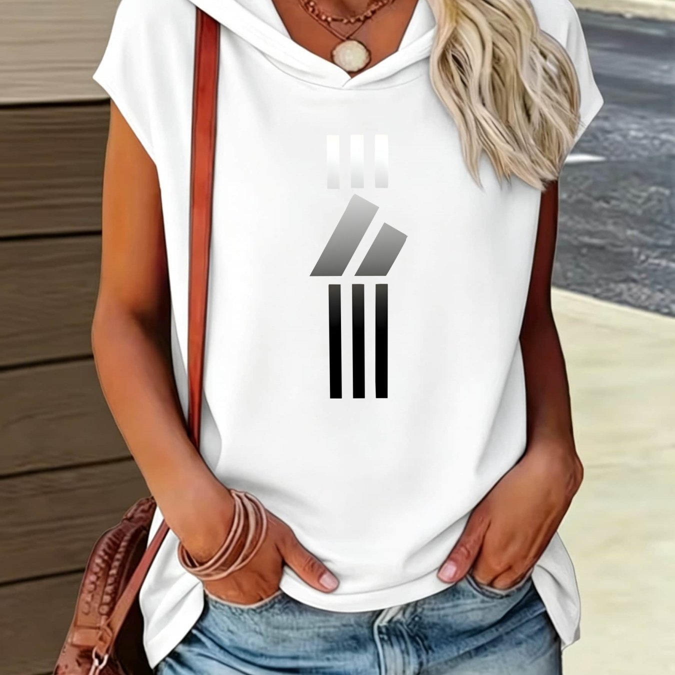 TEMU Women's Gradient Vertical Striped Hooded Sleeveless Vest - Breathable Summer Top With Hood, Loose Fit Pullover Suitable For Commuting, Travel,