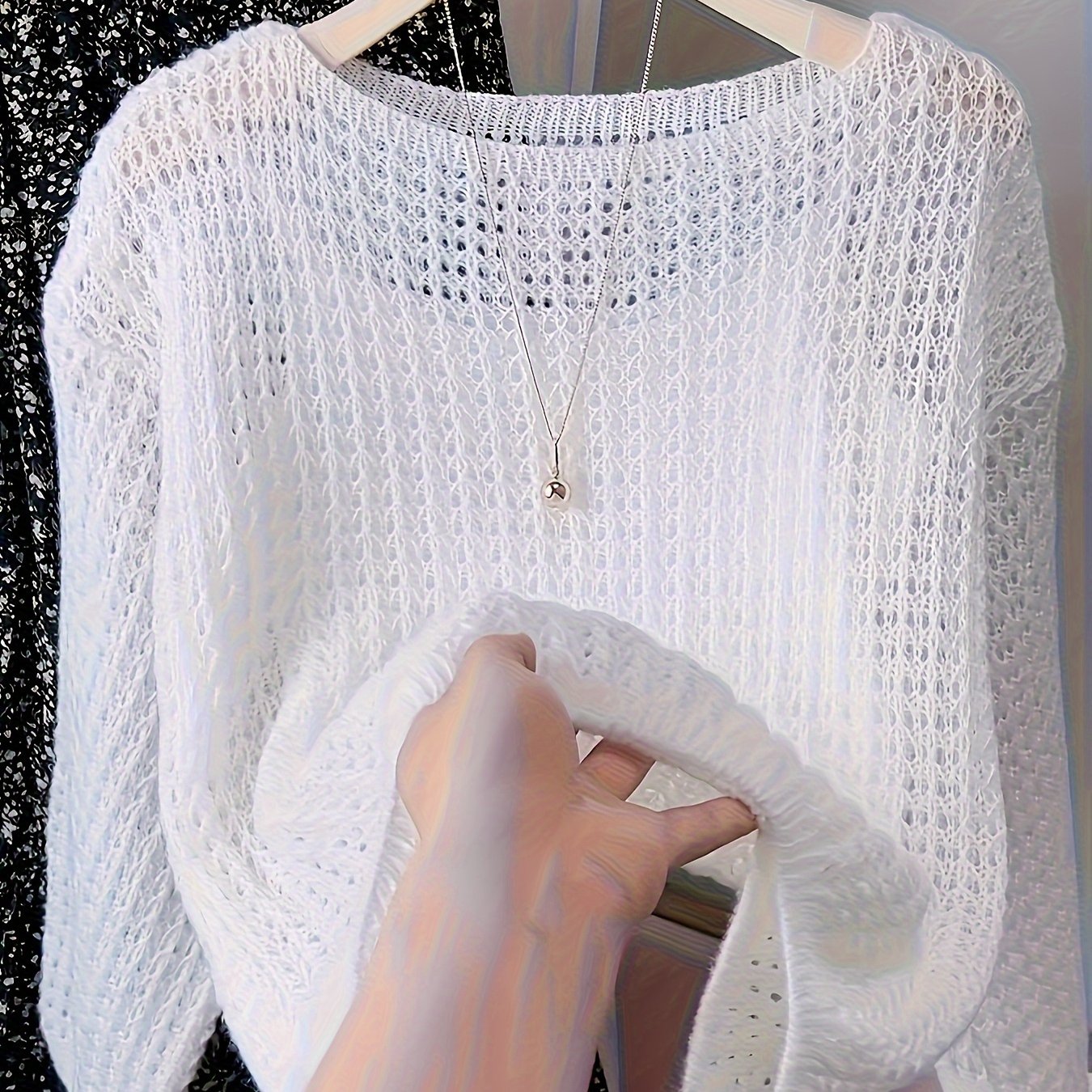 E-shop Eleganter Damen-Spitzentop mit Hohlrändern, Farbe, leichtes Layering-Top, für Frühling, Sommer und Herbst, für Büro-Partys und , strukturiertes