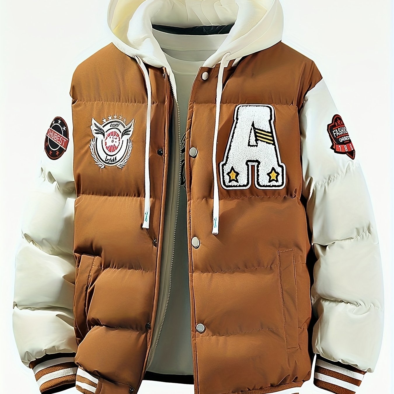 TEMU Men's Oversized Hooded Baseball Jacket With Letter Decals, Full Zipper, Color-block, And Autumn/winter Thermal Design, Plus Size