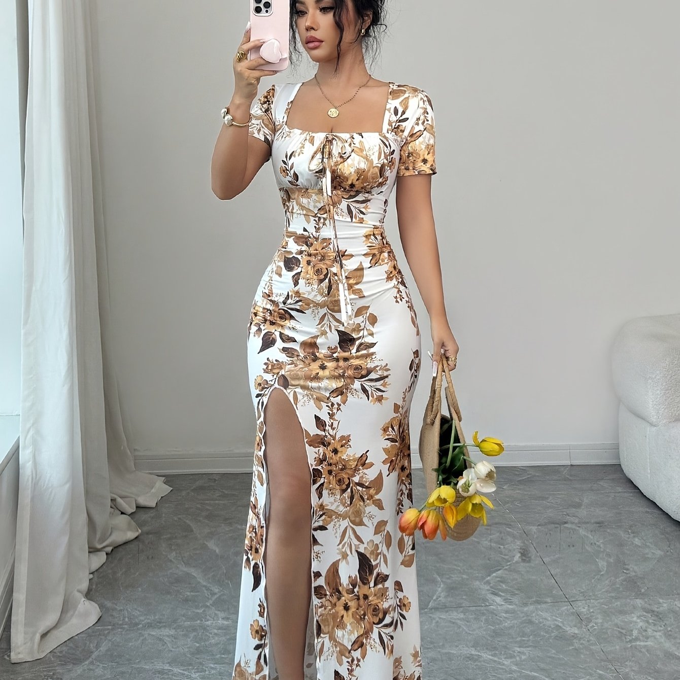 TEMU Women's Summer Short Sleeve Dress, Vacation Dress, Beach Vacation Dress With Slit Hem And Waist , Long Dress