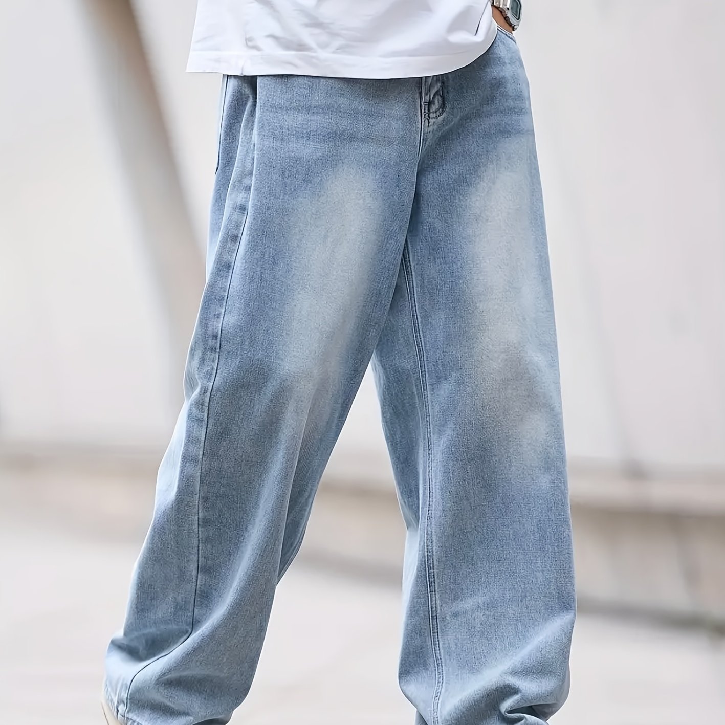 Image of Men's Loose Fit Washed Denim Casual Loose Straight Jeans, Casual And Versatile, Autumn Menswear