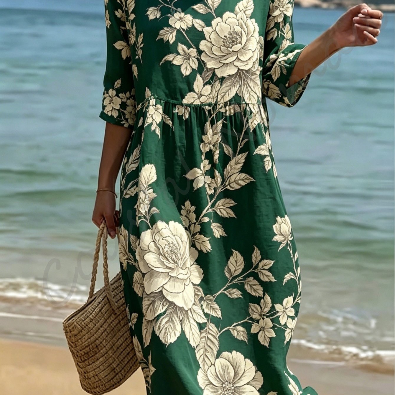 Image of Plus Size, Summer New Plus Size Women Round Neck 3/4 Sleeve Dress Dark Big Peony Leaf Print Special Fabric Loose Gathered Midi Dress Breathable Casual Outfit Beach Vacation Daily Wear