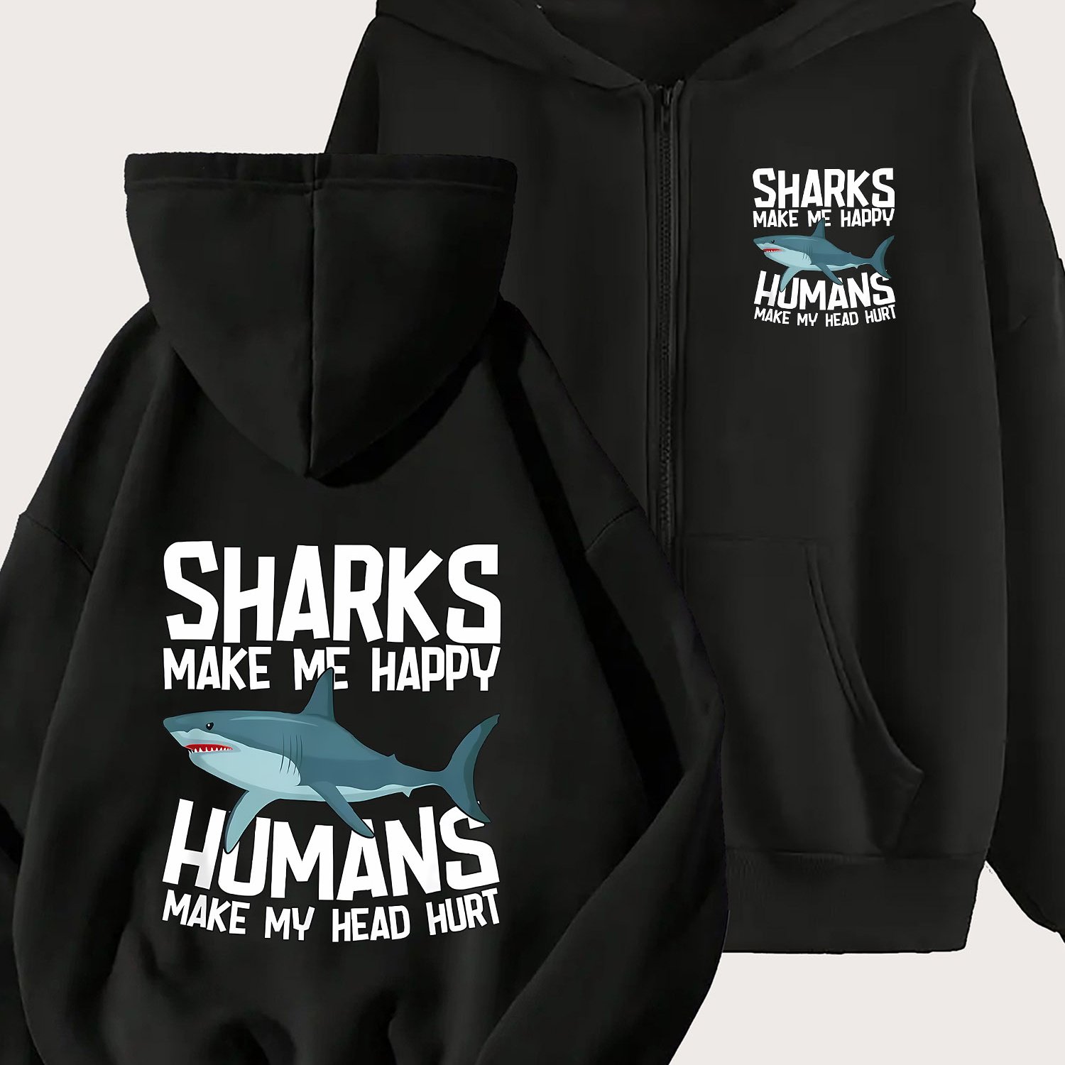 TEMU Ladies' Sharks Pattern Zip-up Hoodie | Cute Kawaii Style With Full Zipper, Front Pocket, Machine Washable, Casual Pullover For Activities And