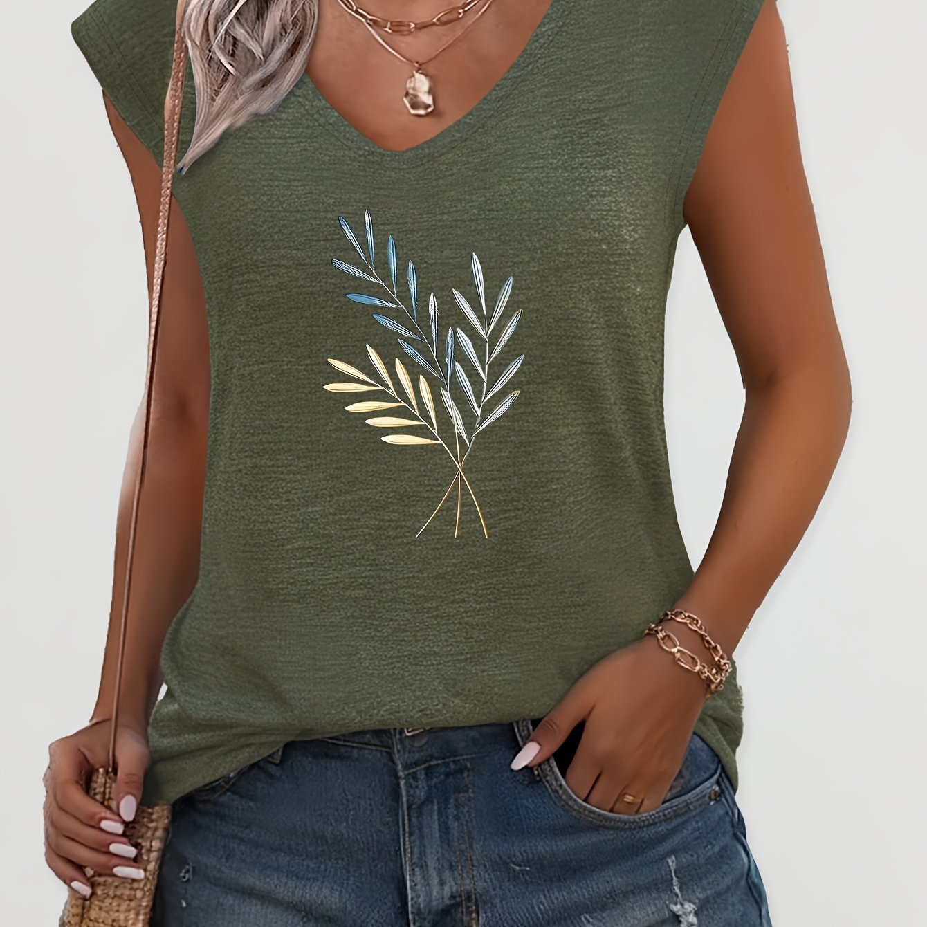 TEMU 3-branch Leaf Pattern Printed V-neck Sleeveless T-shirt, Breathable And Non-stuffy, Loose Fit For Coverage, Easy Item, Summer Versatile Wireless