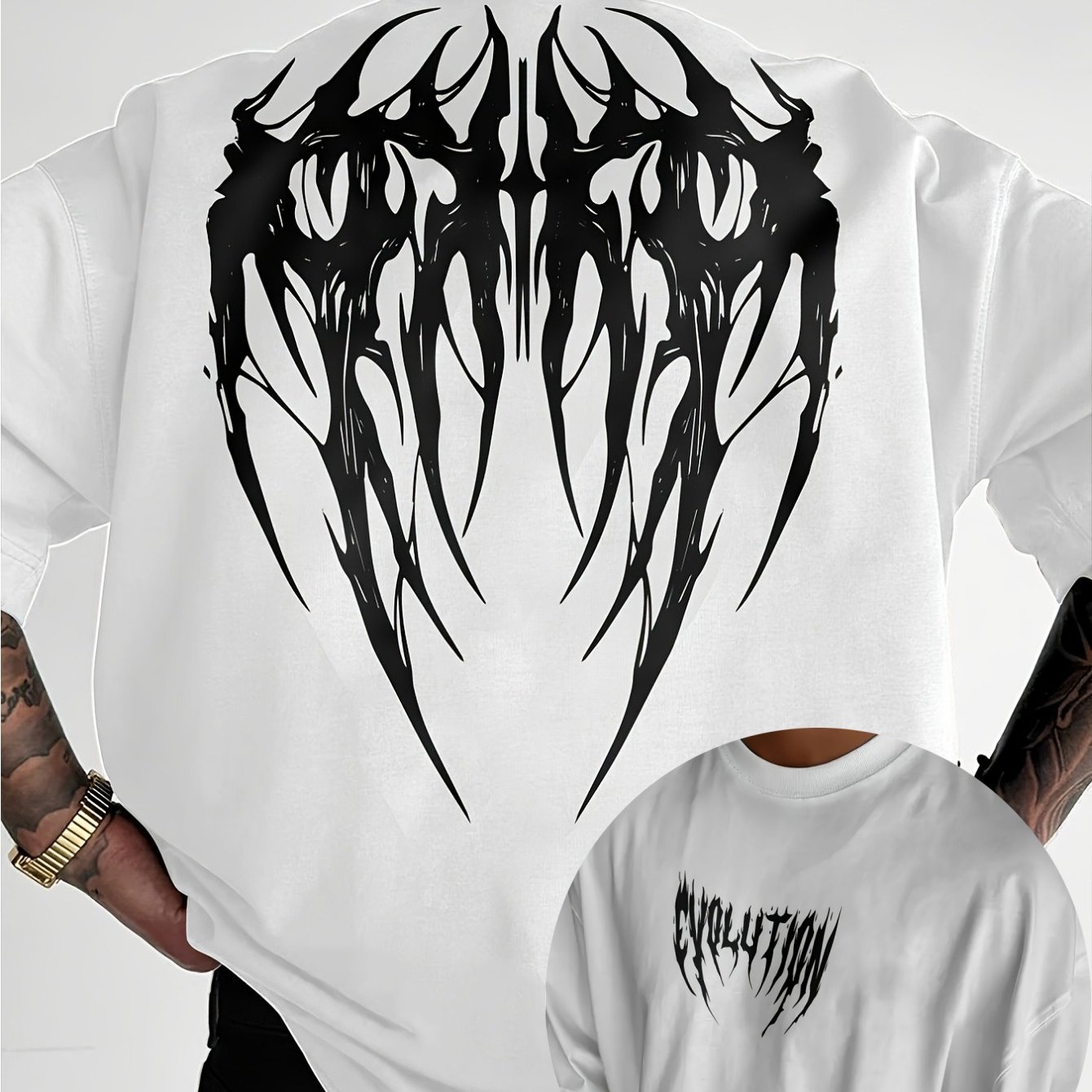 Image of Wing-shaped, Gothic-' Young Men's Trendy Fashion Printed Street Casual Short-sleeved T-shirt, Comfortable Round-neck Top For Spring And Summer