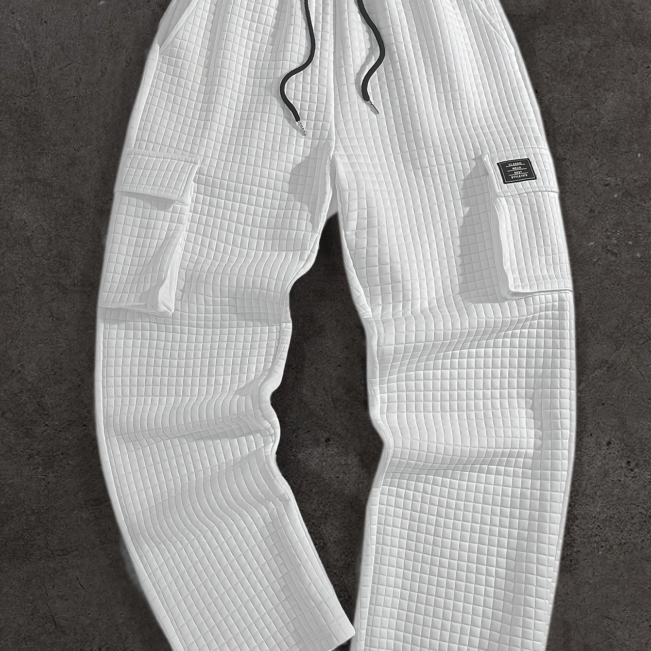 Men's Casual Elastic Knit Pants With Small Grid Pattern & Contrast Drawstring Waist - Solid Color Regular Fit Tapered Leg For Spring/fall Streetwear, Commuting & Casual Attire