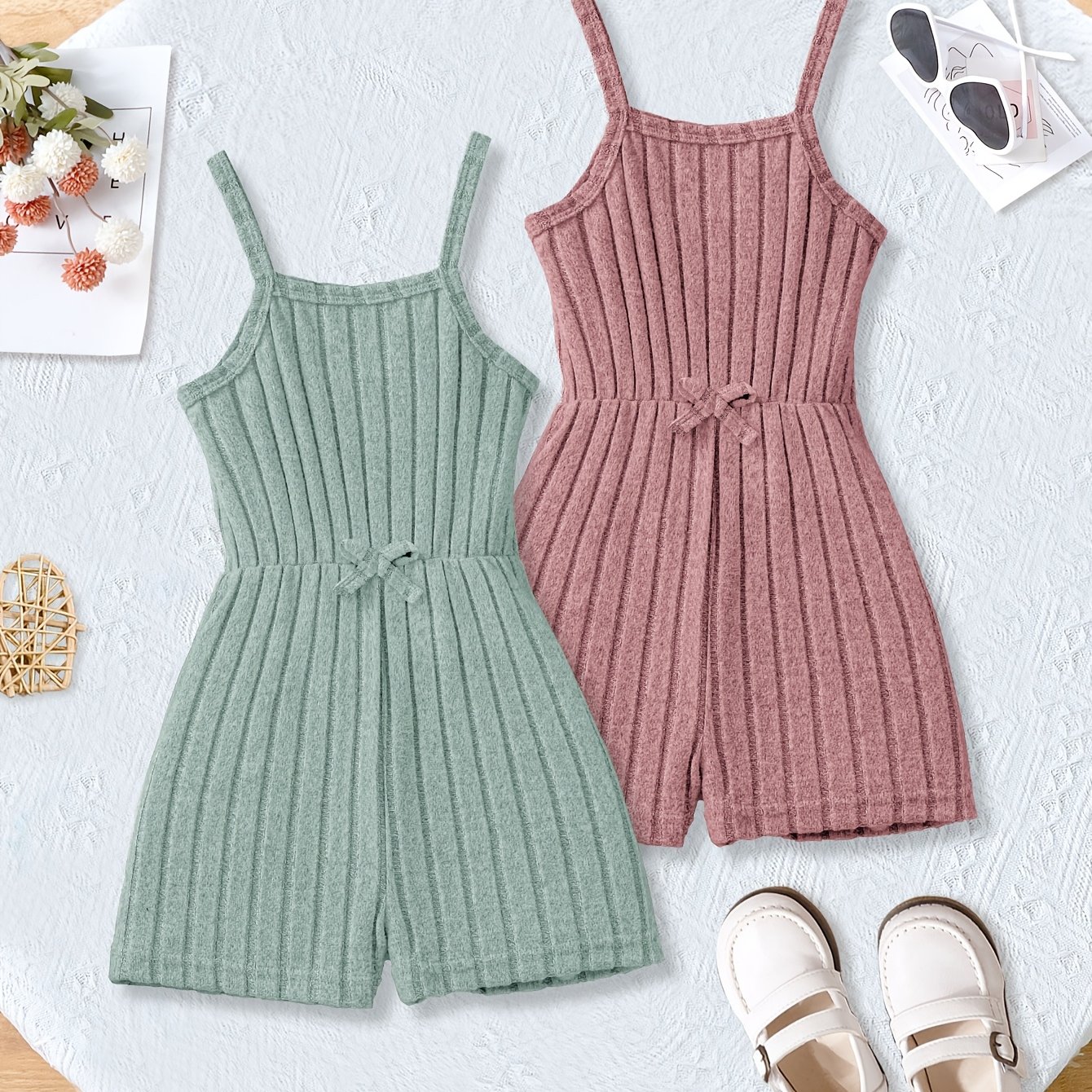 2pcs Set Girls' Summer Stretch Knit Solid Color Ribbed Casual Romper Comfortable Outing Bow Strap Jumpsuit, Perfect For Outdoor