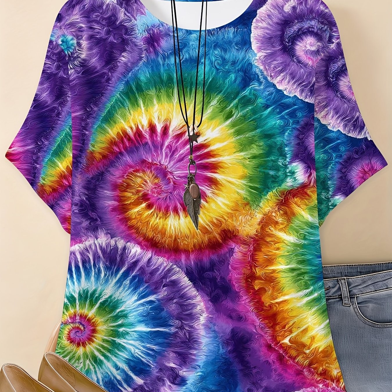 Image of Plus Size, Plus Size Tie-dye Spiral Print T-shirt| Women's Casual Loose Short Sleeve Top, Multicolor Rainbow Pattern, Bohemian Style Fashion Top, Round Neck, Regular Sleeves