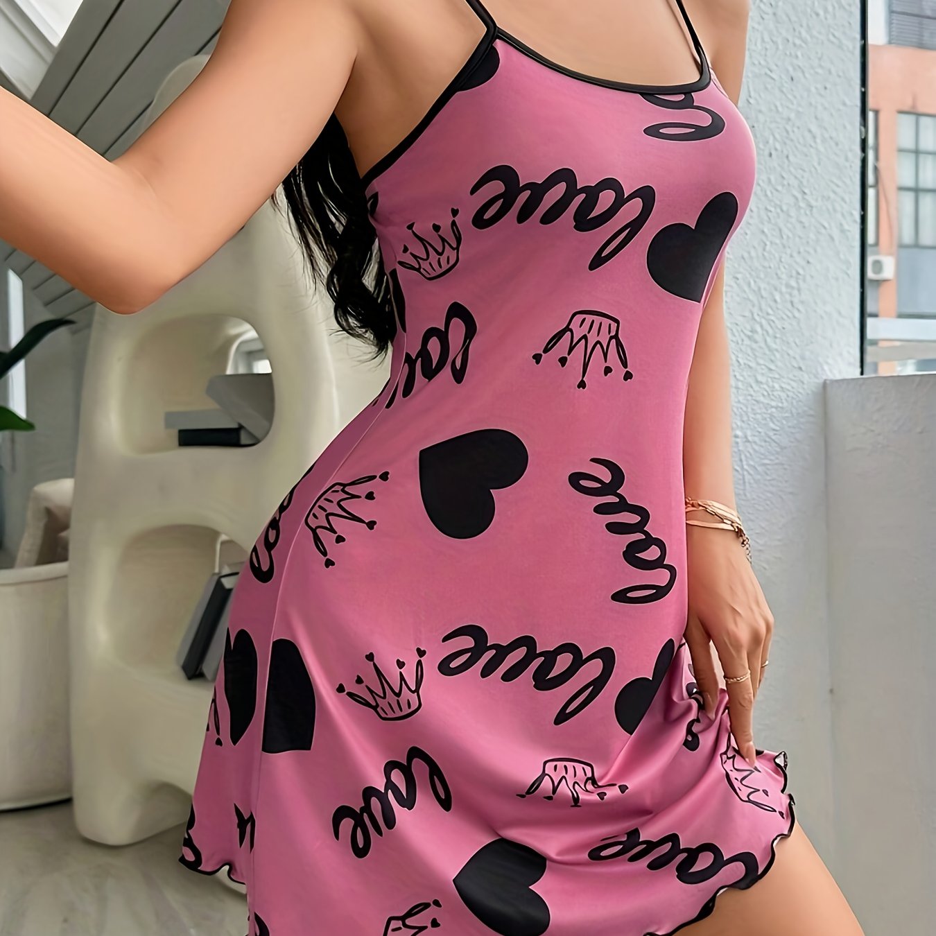 Image of Foundation Heart & Crown Print Tank Top Sleeveless Halter Skirt, Casual Nightdress And Wear