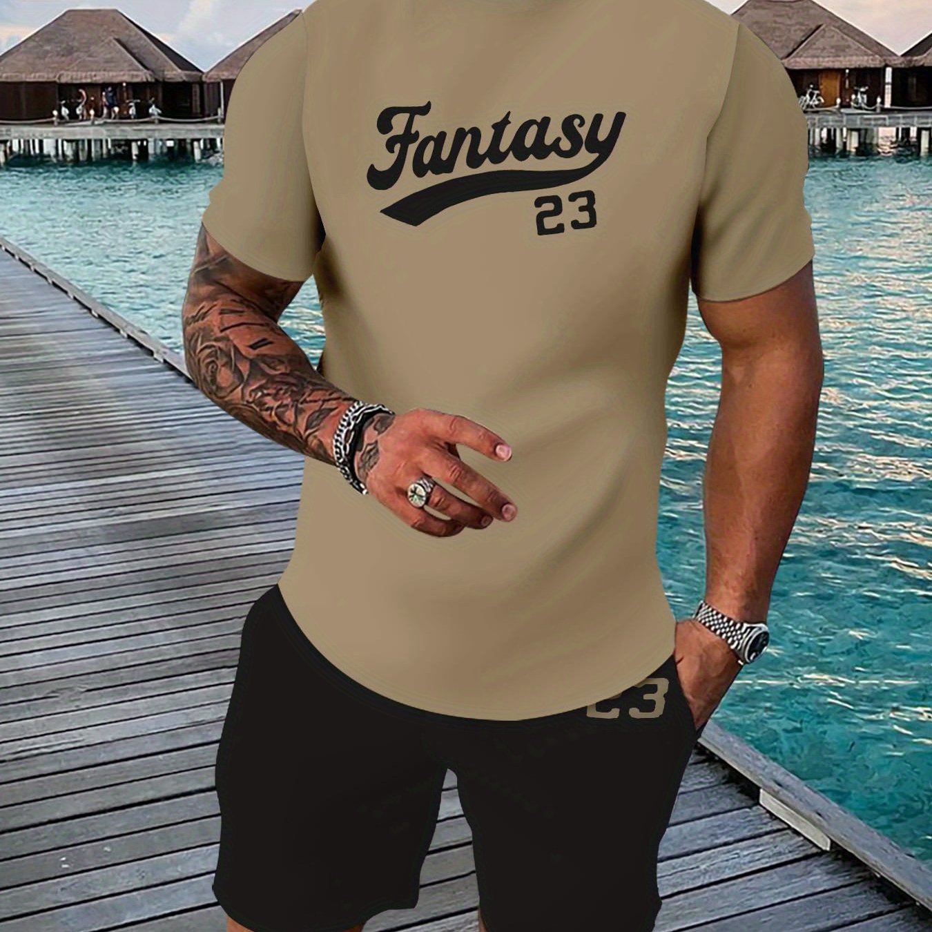 TEMU Men's Summer Casual Sports Suit - Breathable 3d Printed T-shirt And Shorts Set, Polyester Spandex Blend, Machine Washable