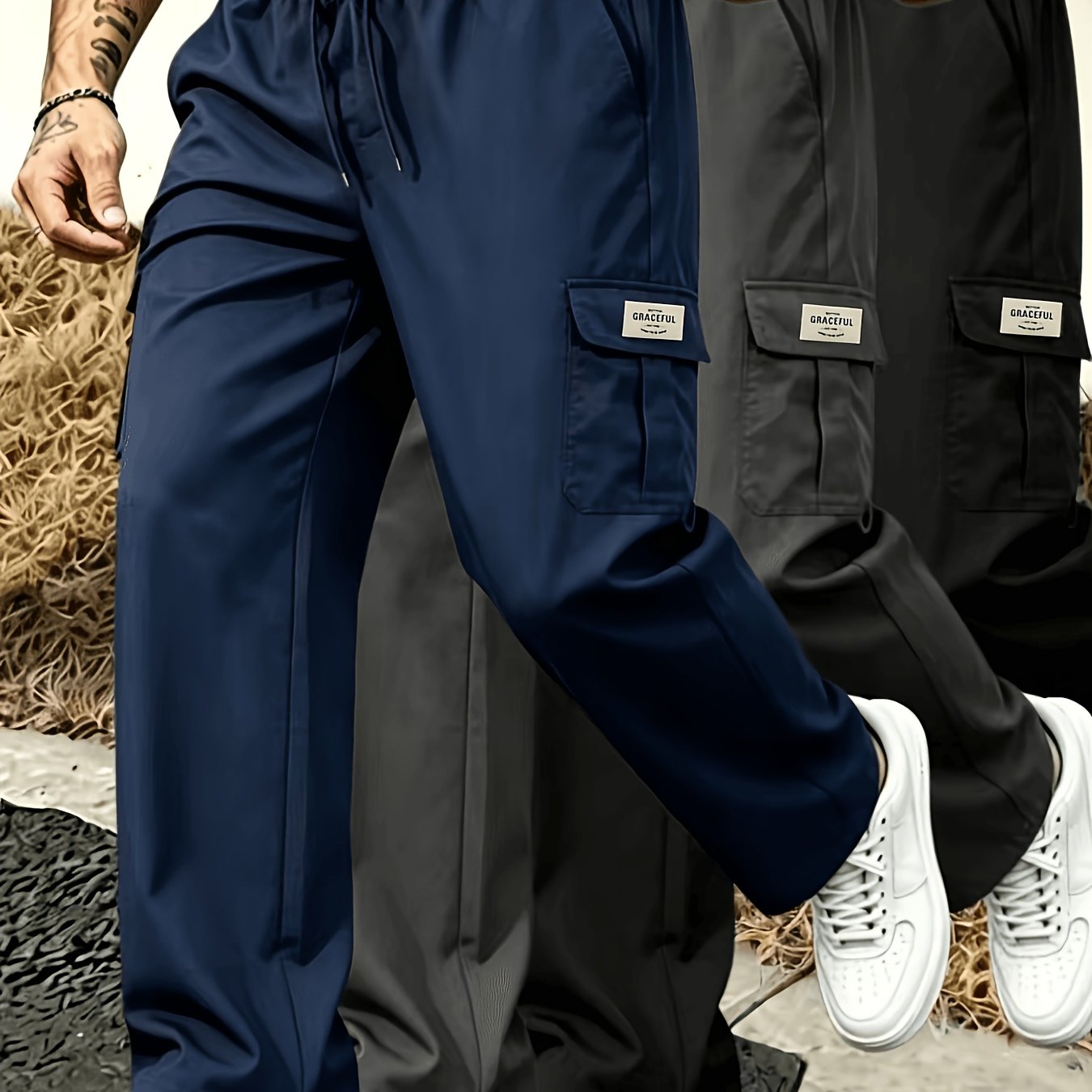 TEMU 3pcs Latest Style Men's Casual Cargo Pants - Mid-rise With Elastic Waistband, Multi-functional , Suitable For Golf And Outdoor Activities. In