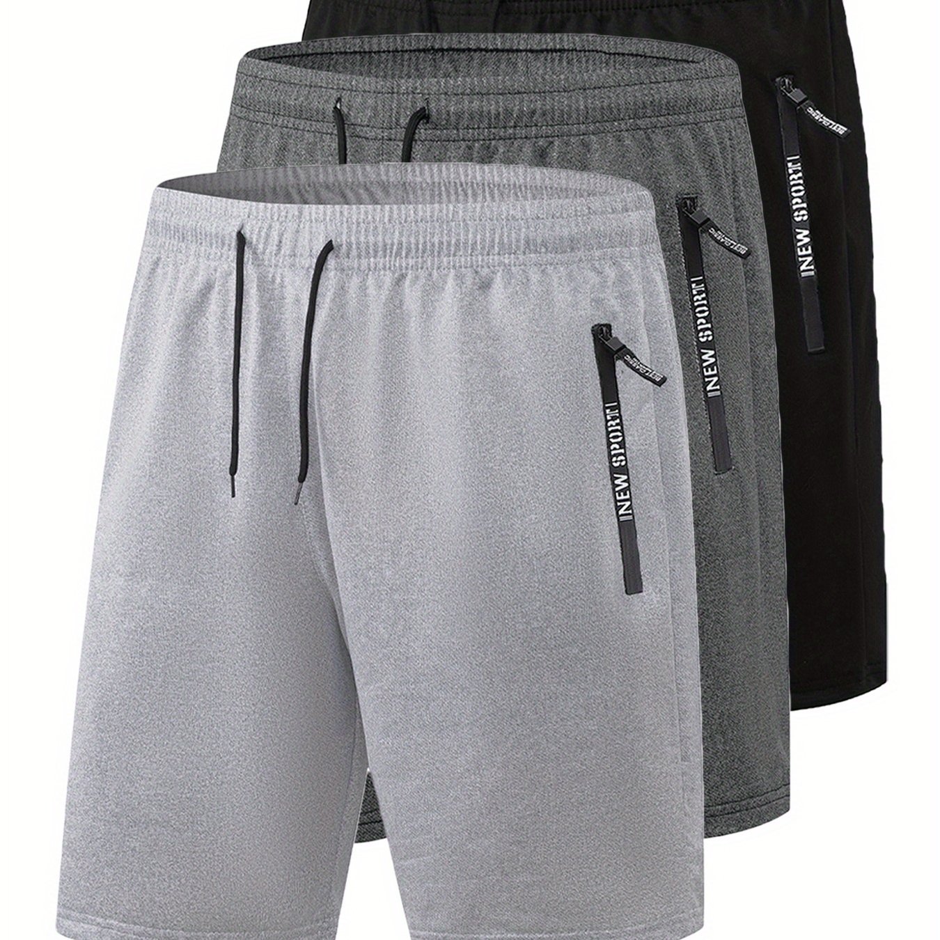 3pcs Men's Summer Casual Elastic Waist Drawstring Beach Shorts With Zipper Pockets For Workout Running Sport Outdoors