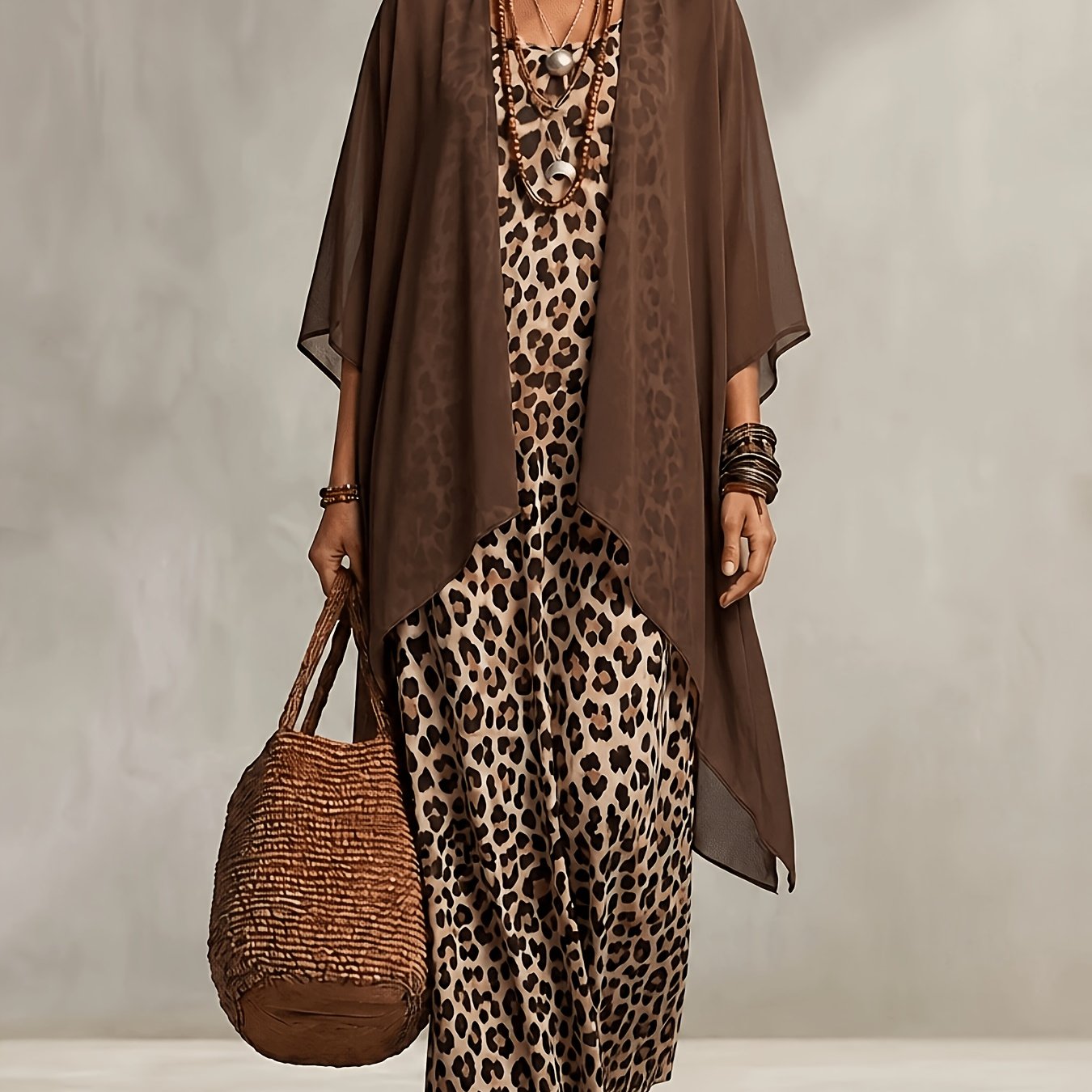 TEMU Vintage Leopard Print Vacation Set | Chiffon Shawl And Suspender Maxi Dress For Dressing