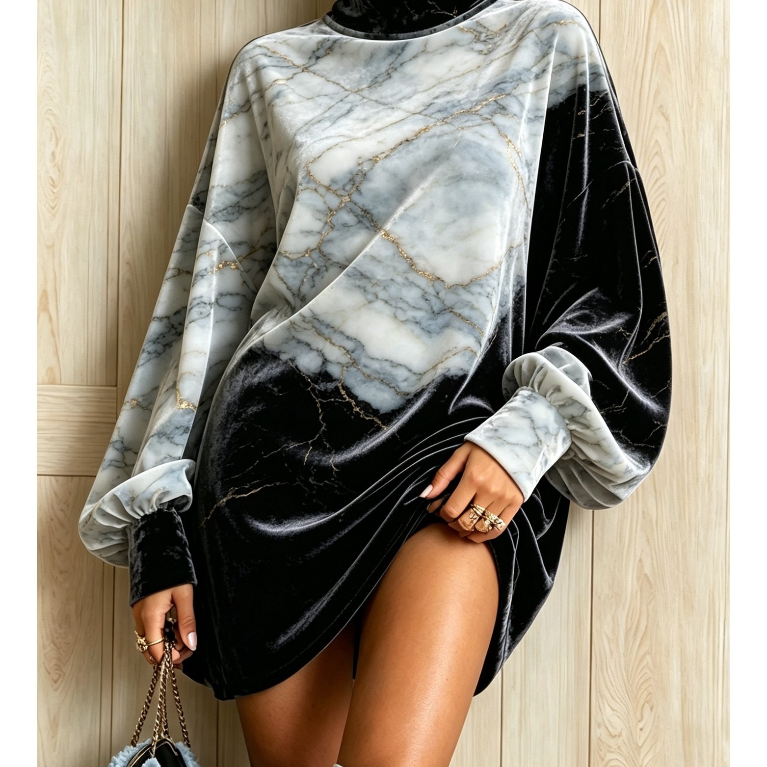 Image of Women's Velvet Mock-neck Sweatshirt With Marbled Pattern, Relaxed Fit Batwing Sleeves, Casual Cropped Elegant Autumn/winter Piece, Versatile Loose Pullover For Everyday Wear