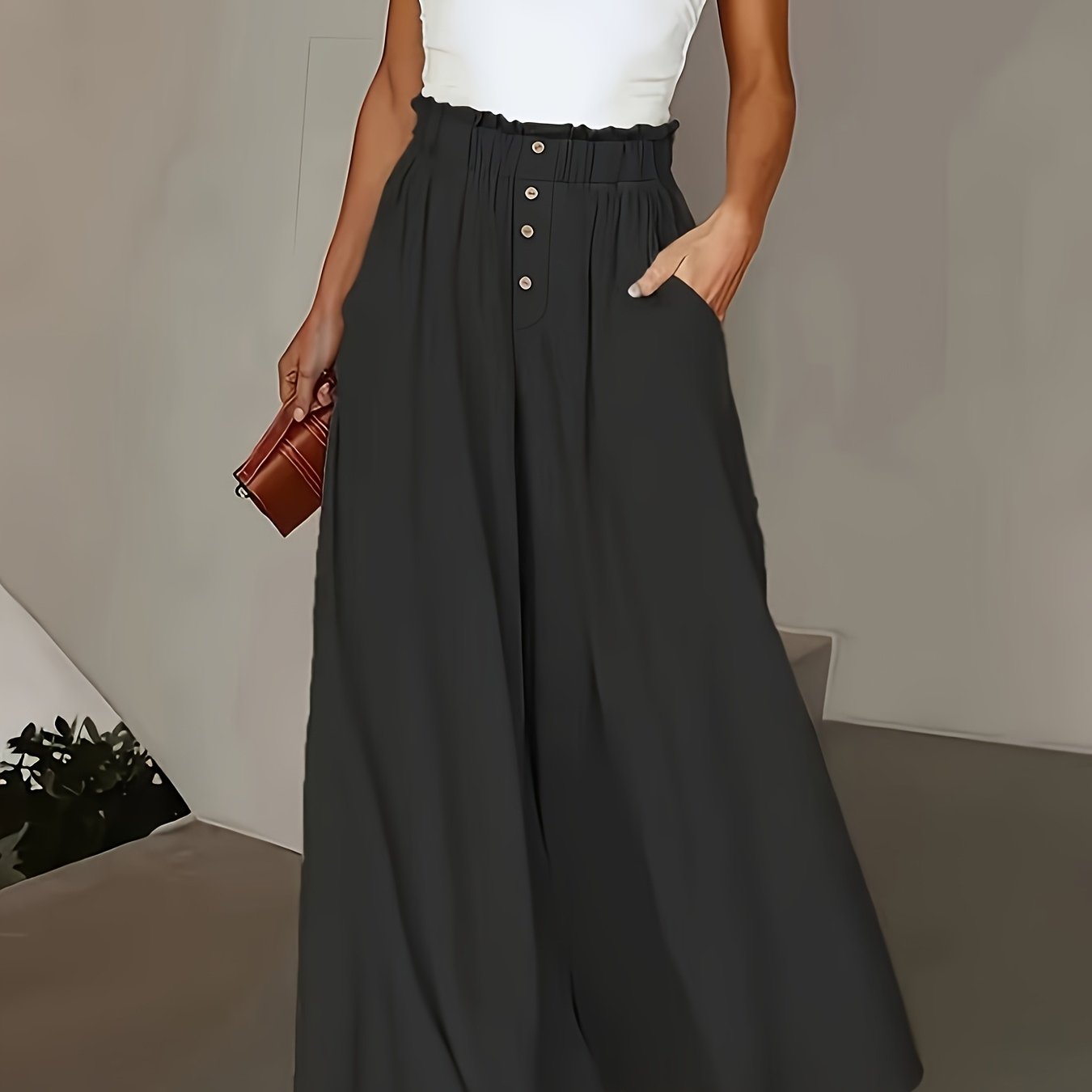 Image of Women's Elegant Wide-leg Pants - Wide Leg Trousers With Elastic Waist & Fake Button Closure, Solid Color Loose Fit Full-length Pants Suitable For Spring/fall, Casual To Dressy Wear - Pants