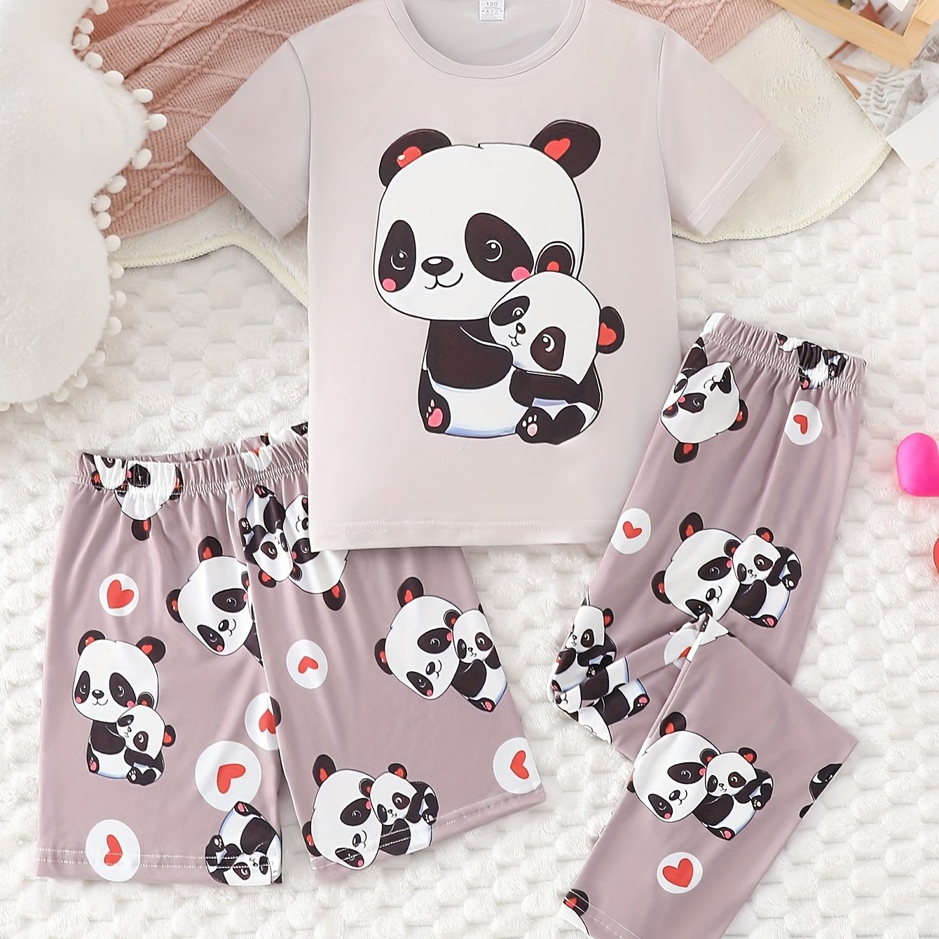(flame-retardant Material) Girls' Cute Print 3pcs Round Neck Stretch Fabric Set, Regular Fit Pajama Set For Spring Summer Fall