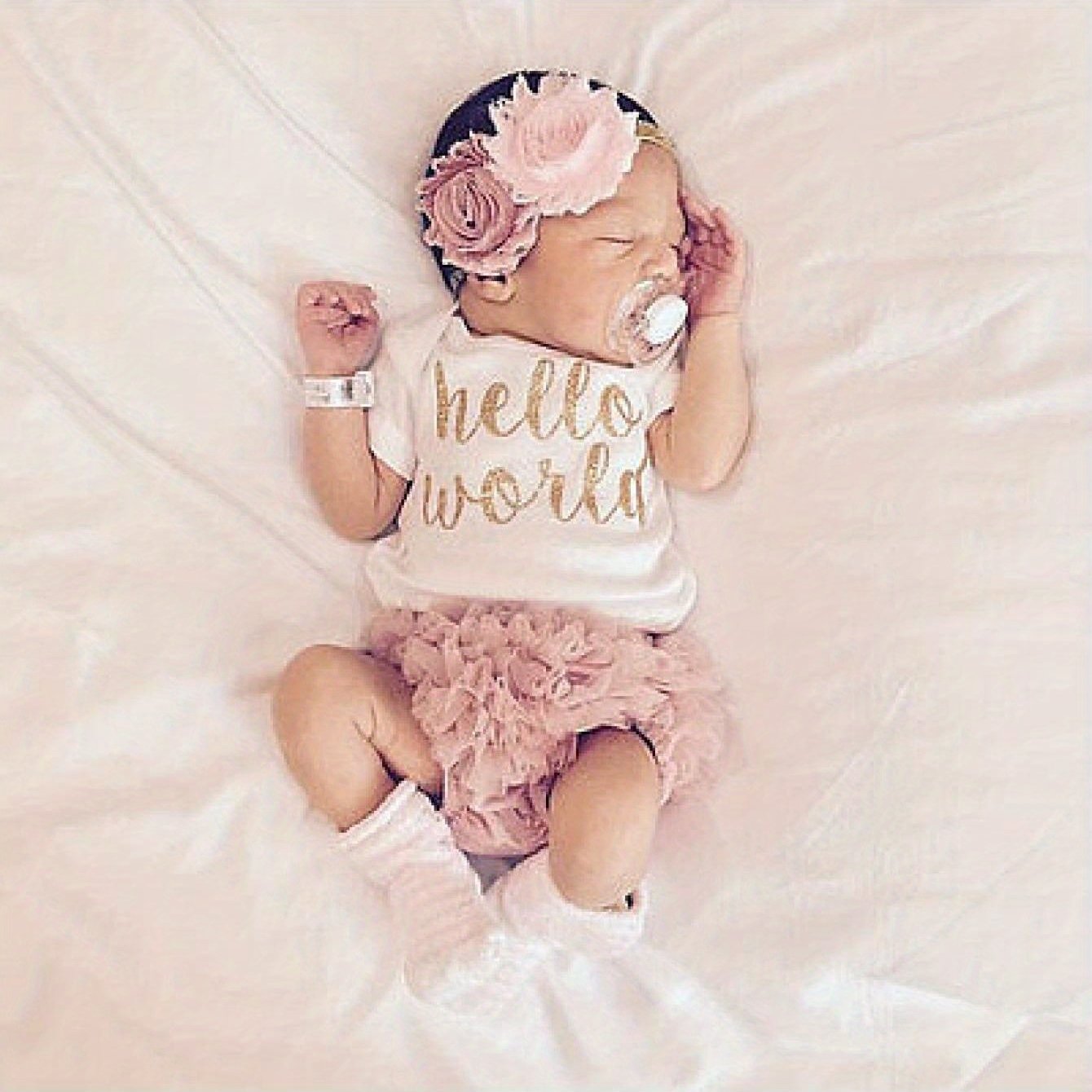 TEMU Newborn Baby Girl Clothes Hello World Romper Bodysuit + Bloomers Shorts + Headband Set 3pcs Preemie Outfits, For Outdoor