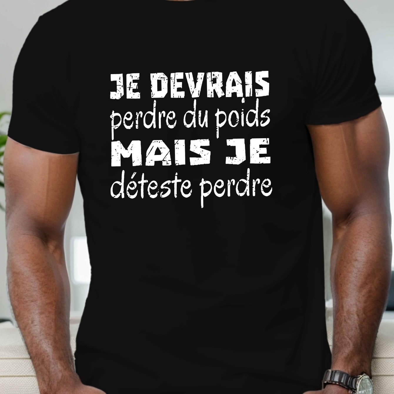 TEMU T-shirt à française pour homme - " , vintage" T-shirt graphique, T-shirt noir à col rond avec texte blanc, haut décontracté de coupe régulière