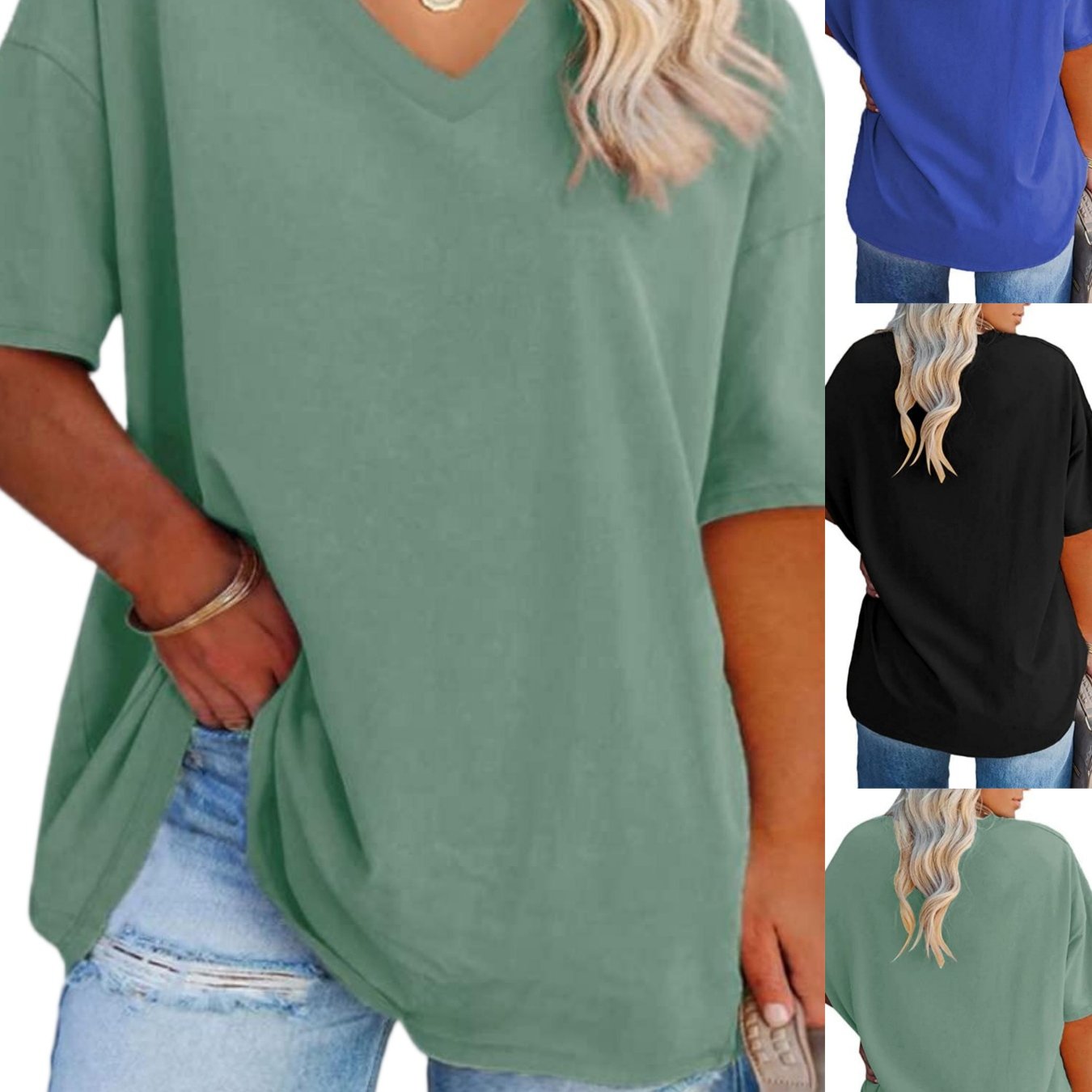 Image of Plus Size, Women's Daily Summer Plus Size V Neck T Shirts Half Sleeve Tees Casual Loose Fit Tunic Tops